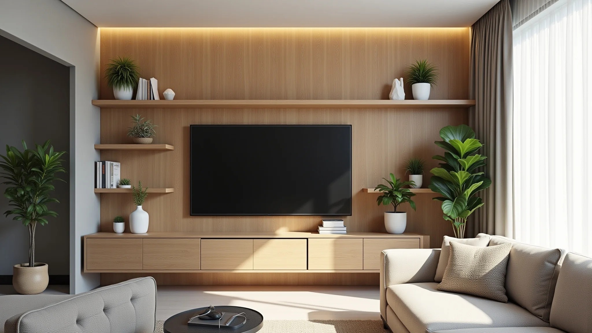 Sala de estar iluminada com painel de TV de madeira sob medida e prateleiras flutuantes.