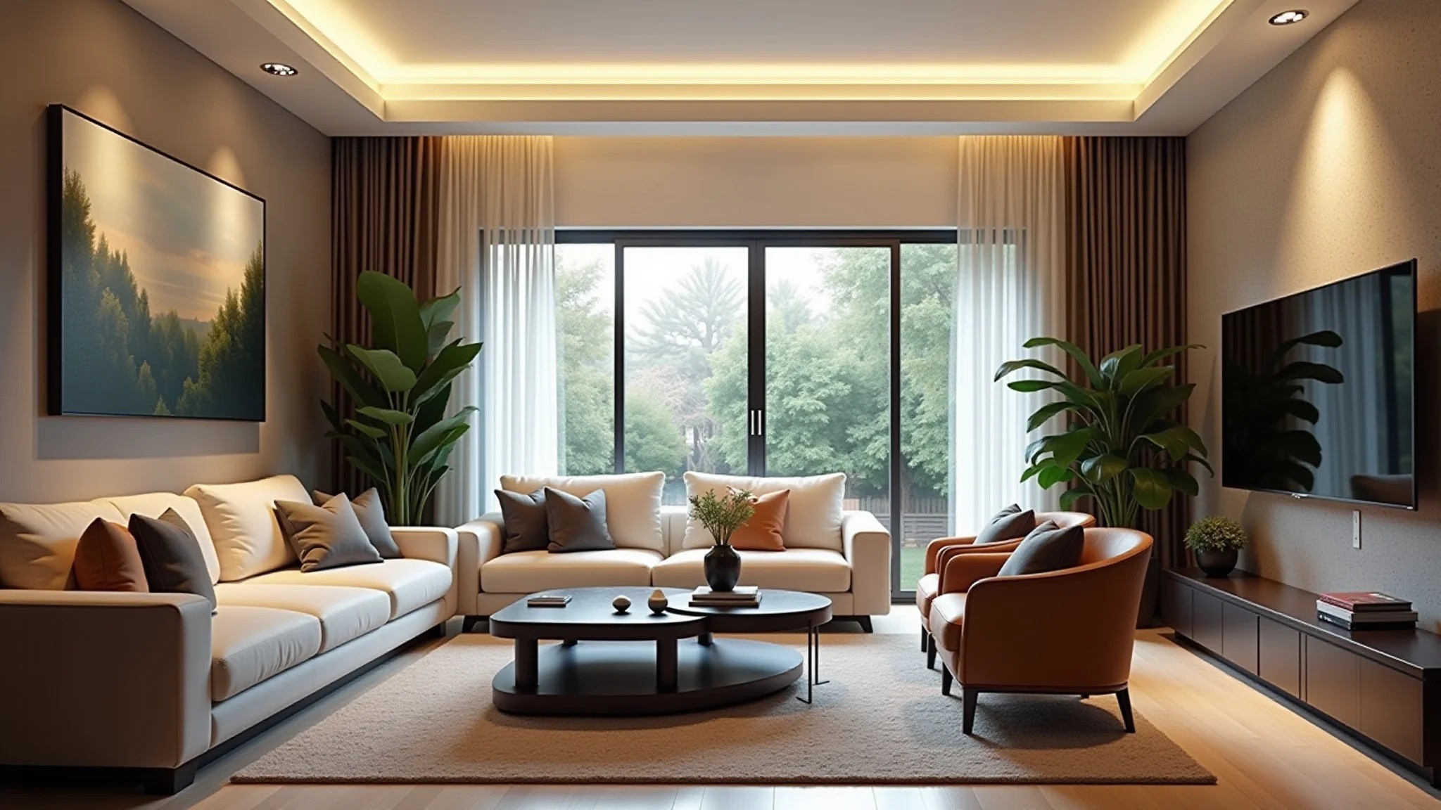 Sala de estar iluminada com spots embutidos e decoração brasileira moderna.