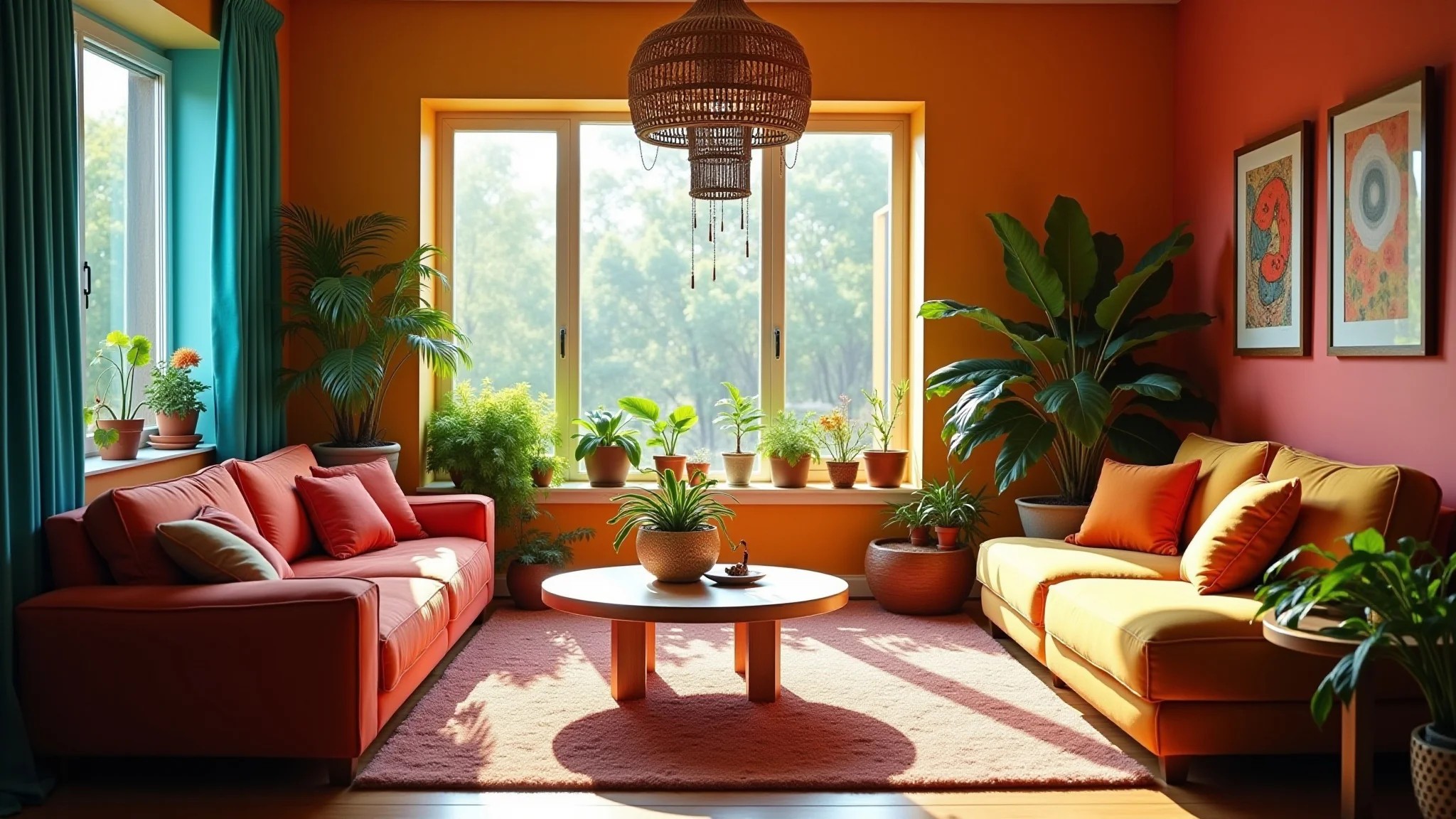 Sala de estar com feng shui, cores vibrantes, design brasileiro e iluminação natural.