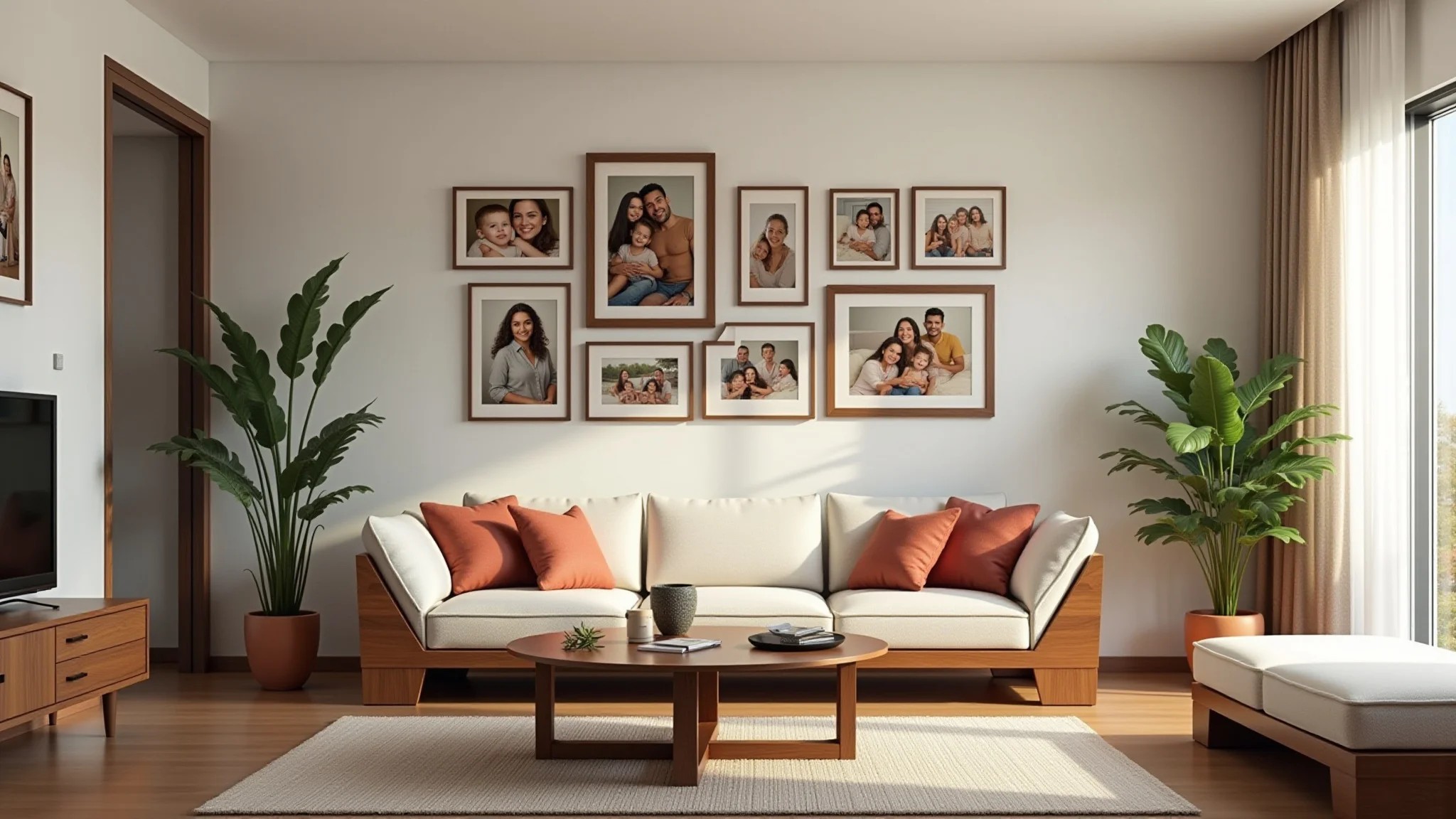 Sala iluminada com parede de fotos de família e móveis de madeira.