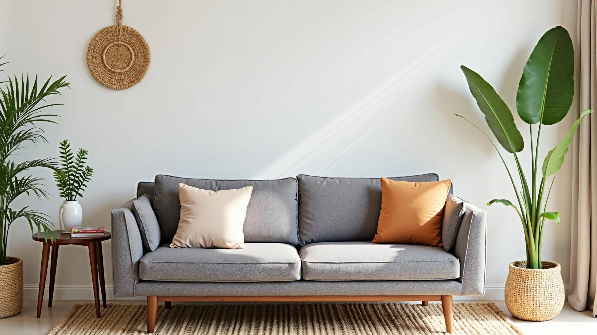 Sala iluminada com sofá cinza e tapete de sisal.
