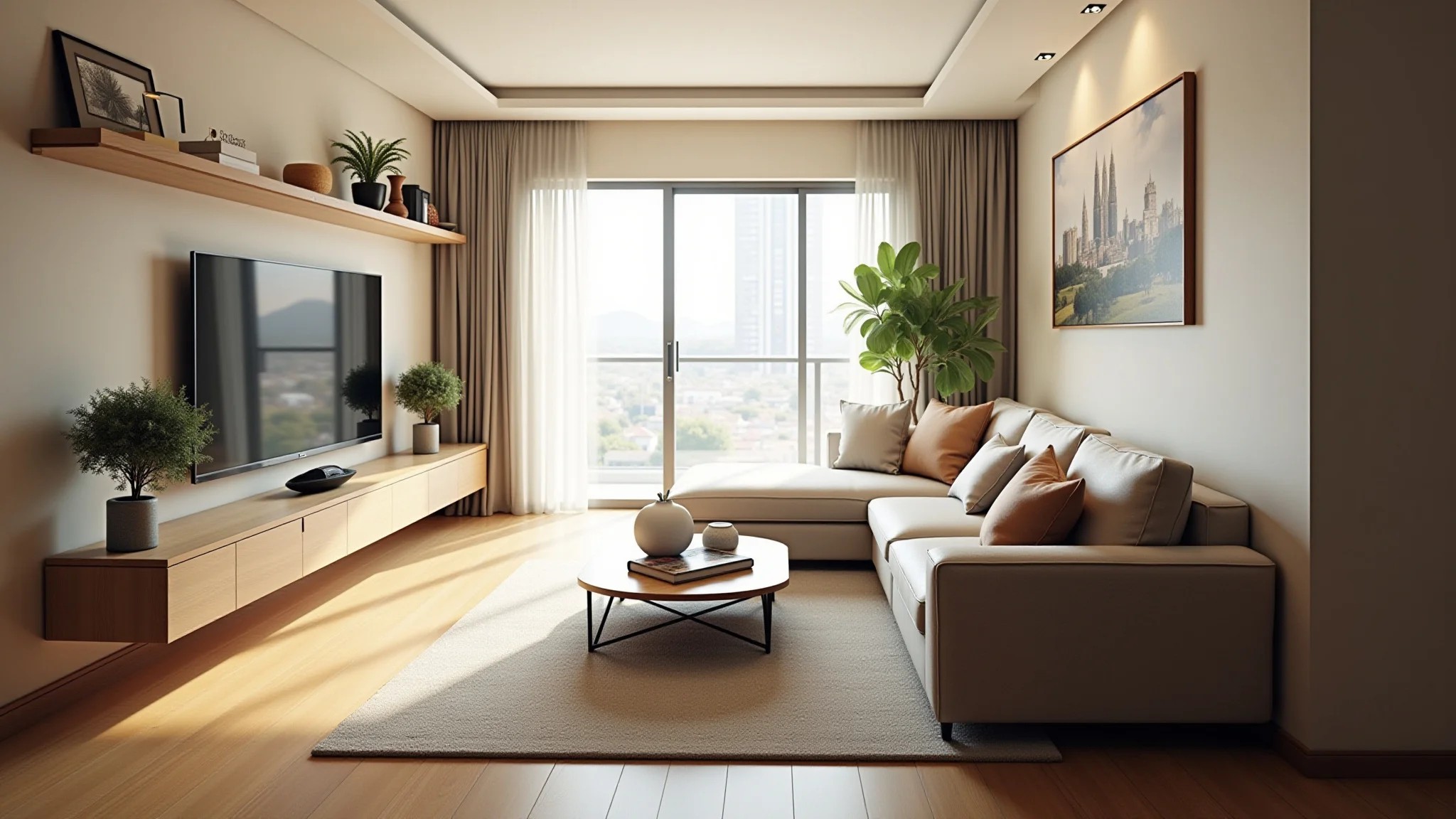 Sala de estar iluminada com sofá grande, TV no painel e objetos decorativos.