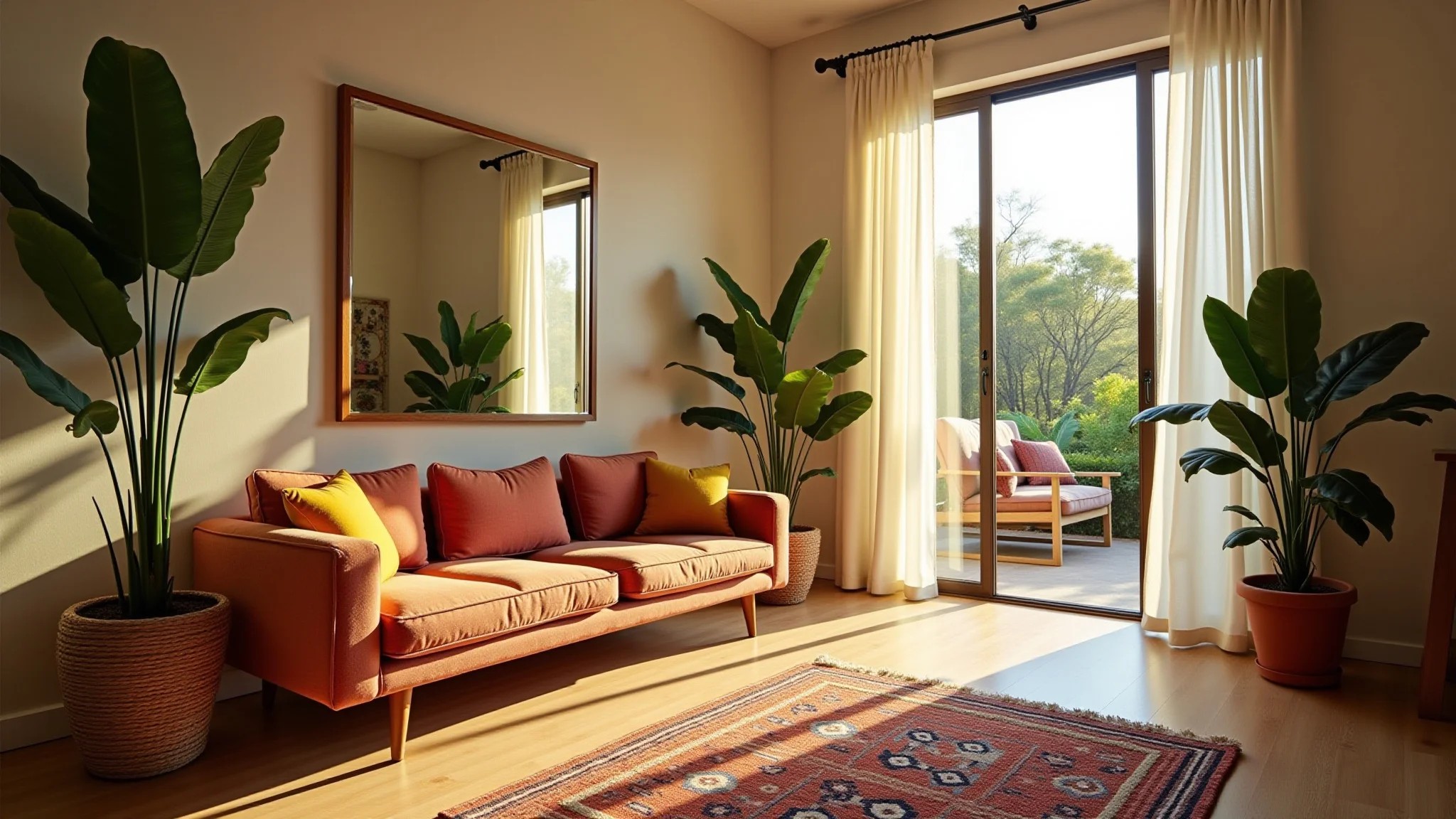 Espelho grande ampliando sala de estar, design brasileiro, luz natural e plantas.