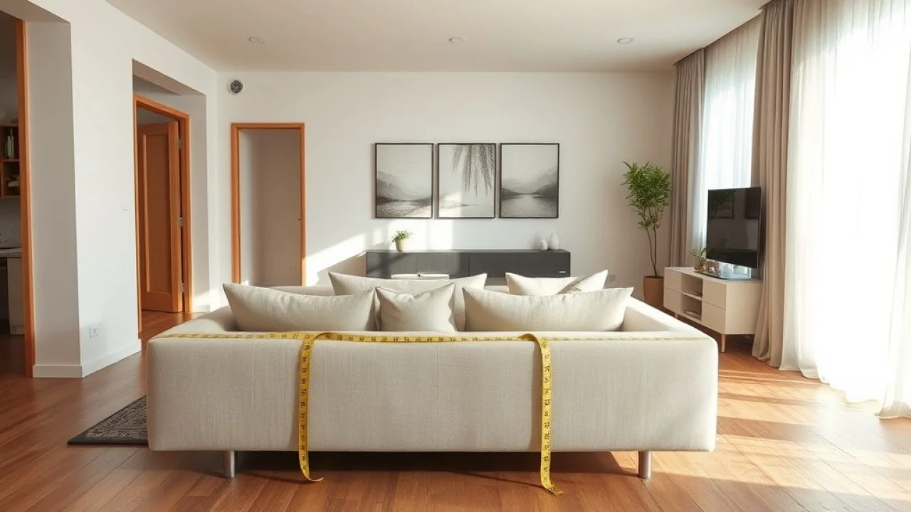 Sala de estar iluminada com trena sobre sofá moderno. Medição precisa para design de interiores no Brasil.