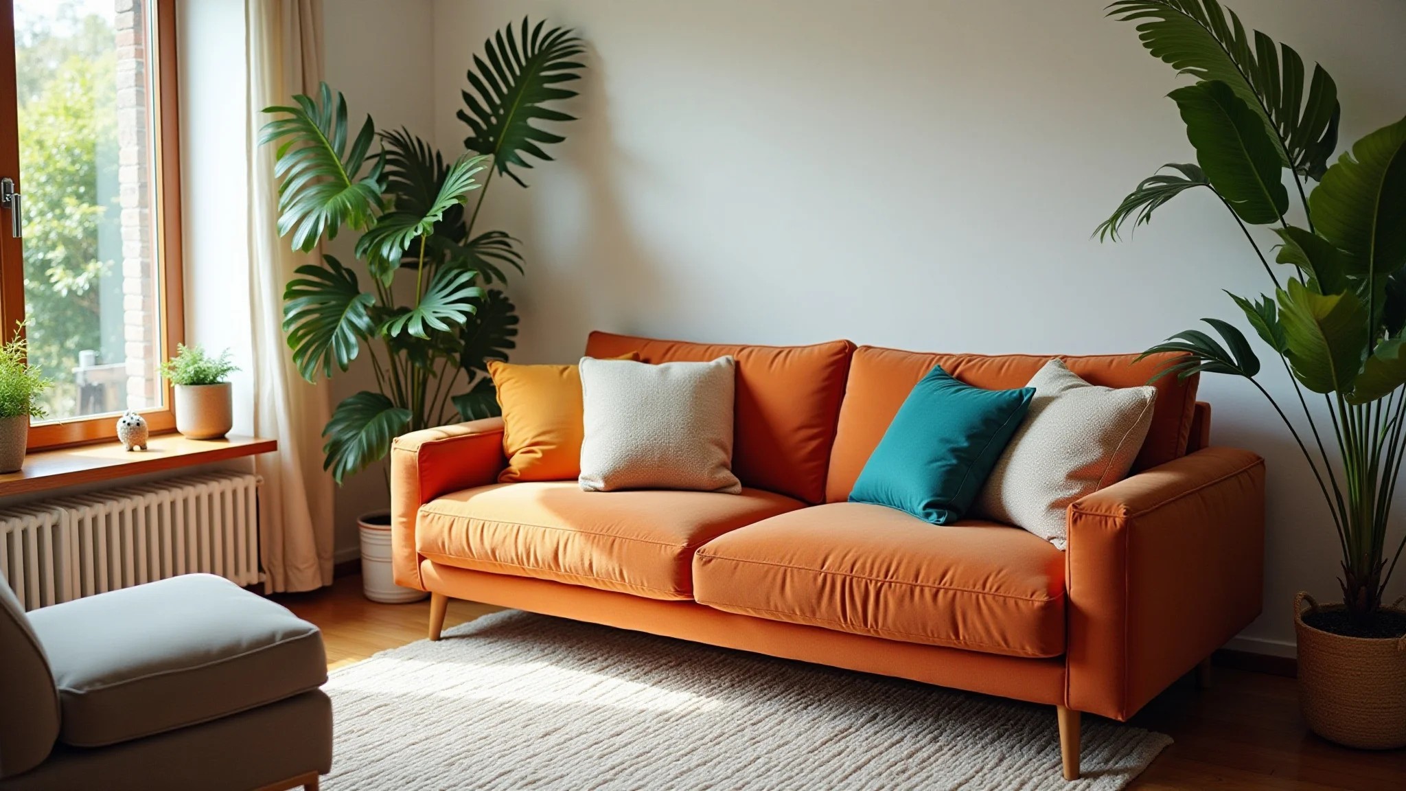 Sala de estar moderna com design brasileiro, almofadas coloridas e iluminação natural.
