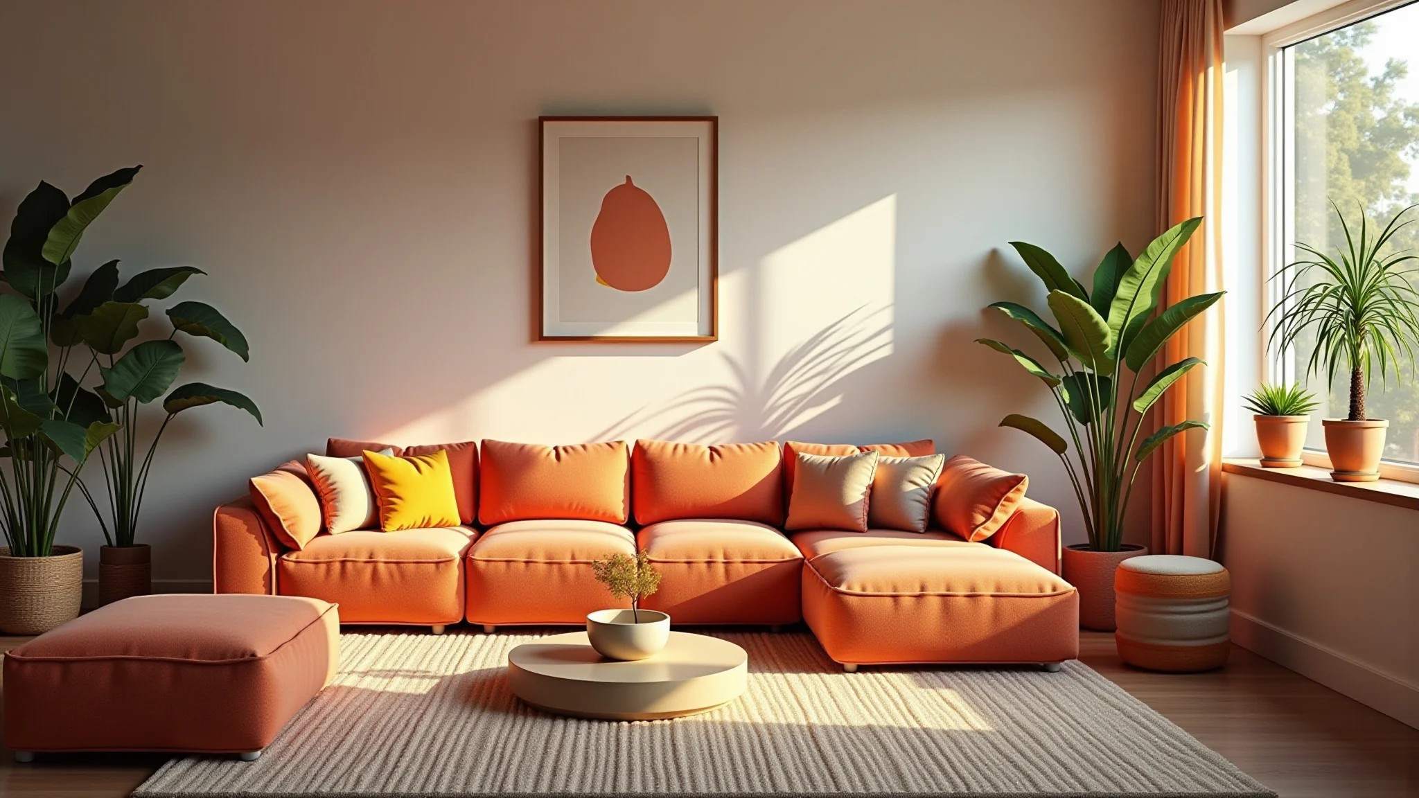 Sala de estar moderna com toques de pêssego, design brasileiro e luz natural aconchegante.