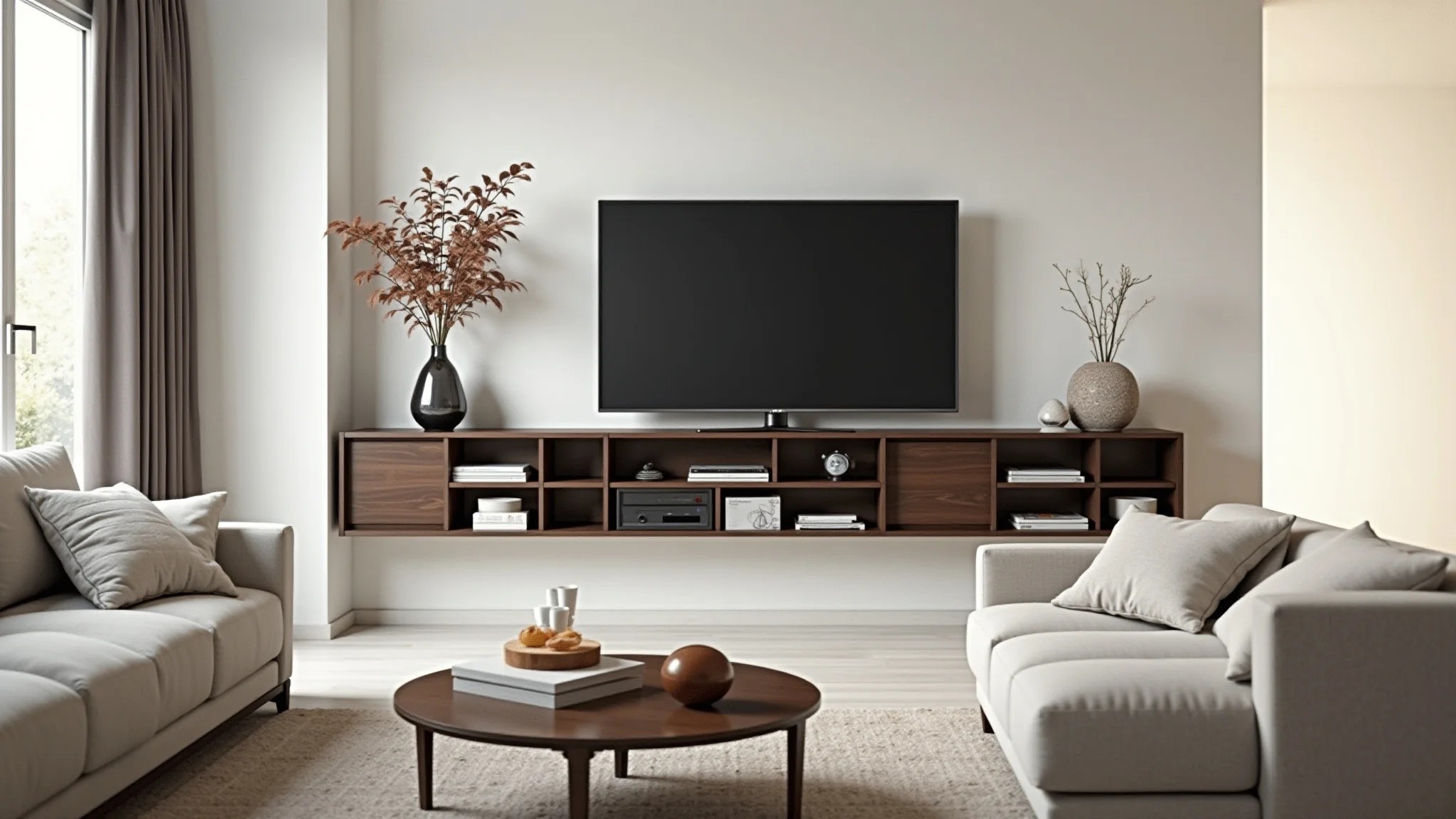 Sala de estar iluminada com rack moderno e TV grande, decoração brasileira.