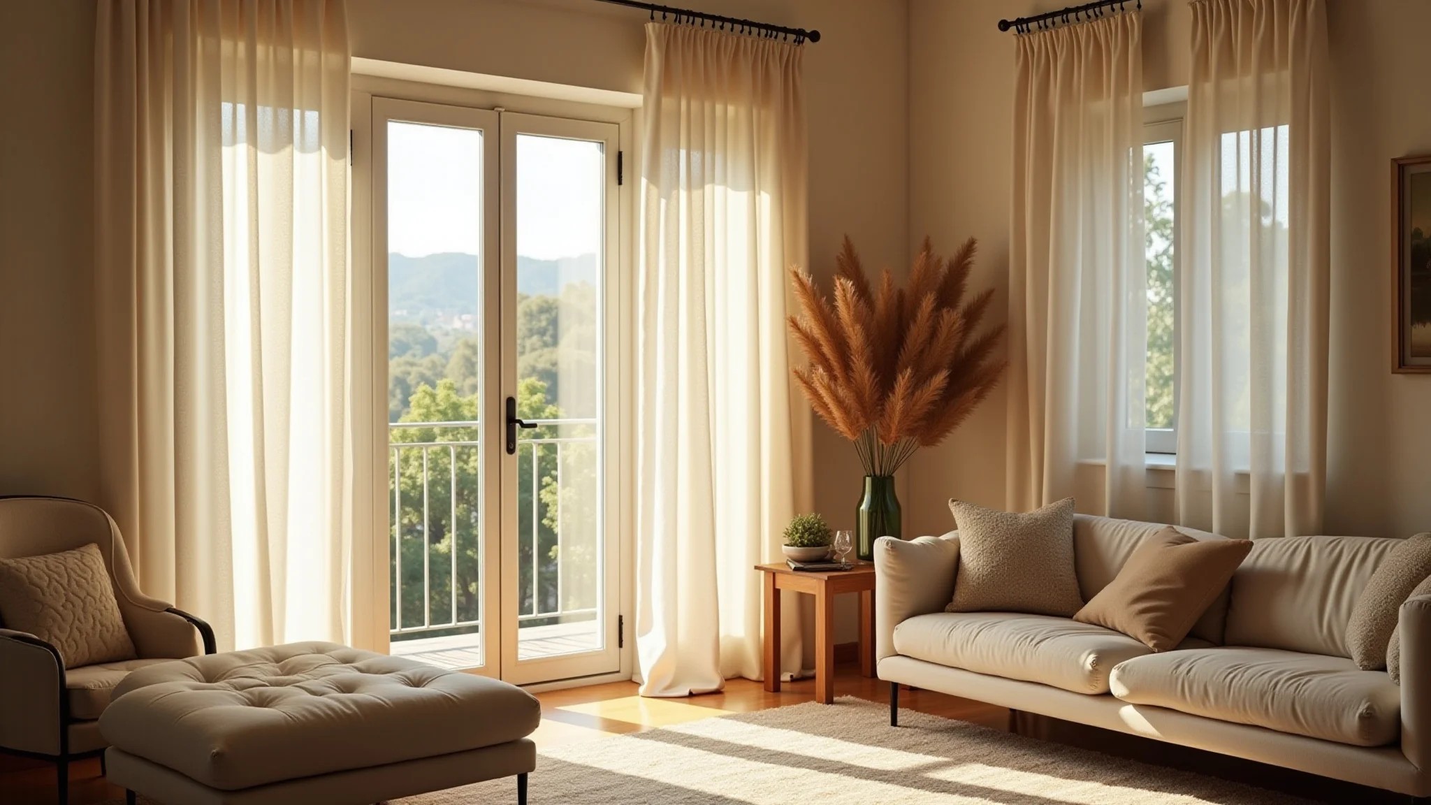 Sala iluminada com cortinas longas de linho e design brasileiro.