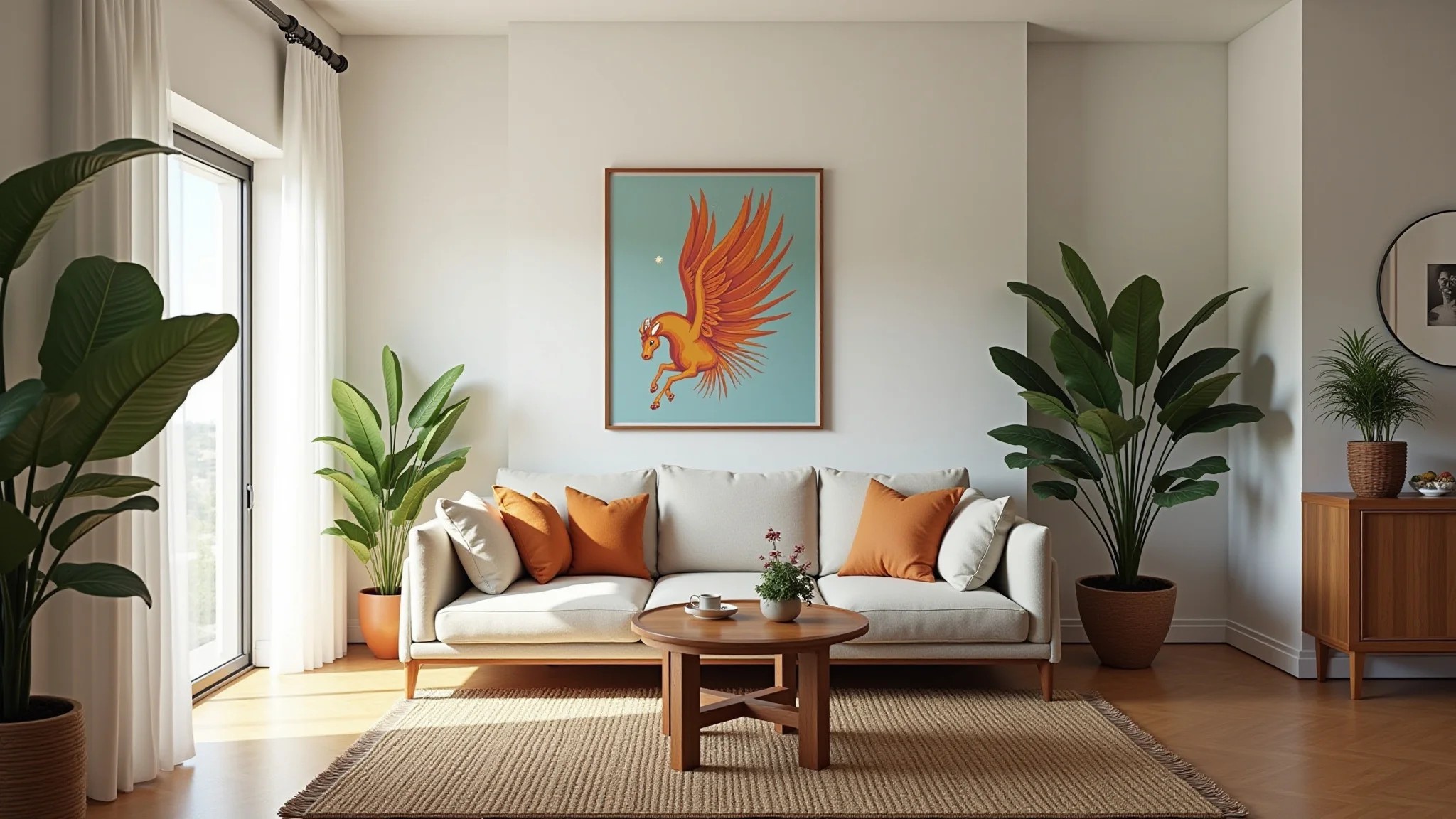 Sala de estar bem iluminada com móveis otimizados e design brasileiro.
