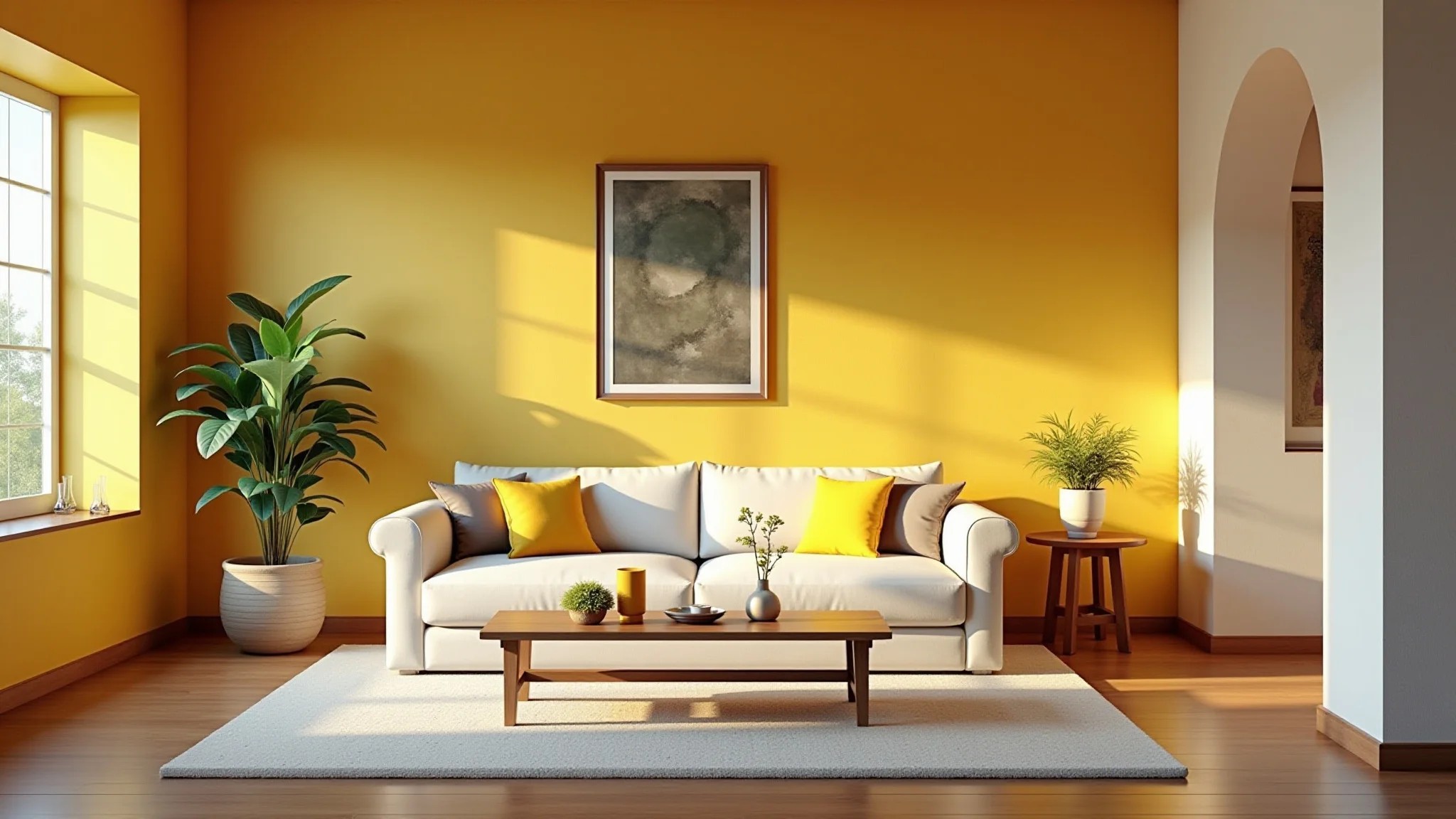 Sala de estar iluminada, pintada de amarelo suave, decoração estilo brasileiro, atmosfera aconchegante.