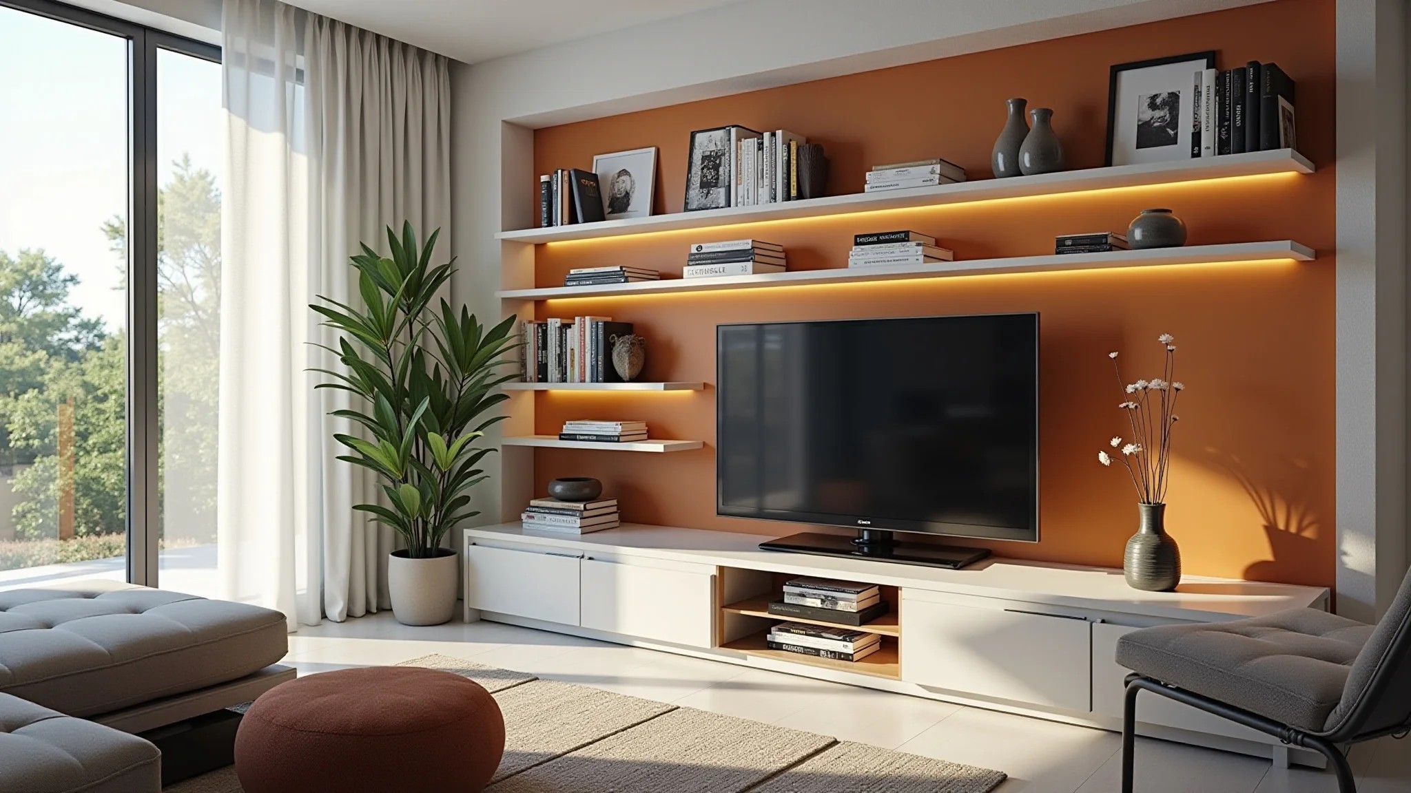 Sala iluminada com fotos em prateleiras, livros e decoração vibrante em estilo brasileiro.