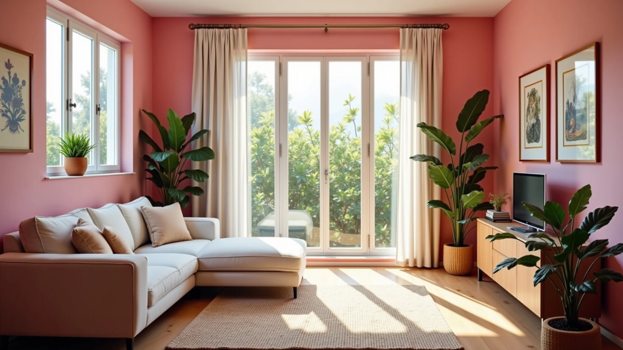 Sala de estar rosa vibrante com design brasileiro, sofá confortável e iluminação natural.