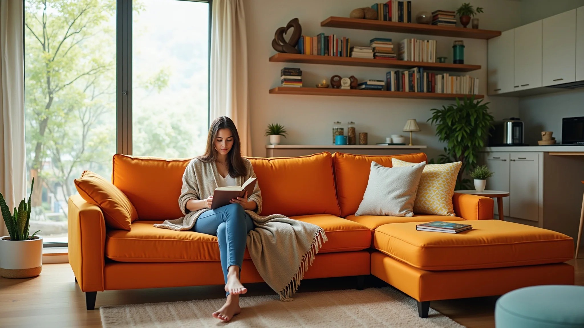 Sala de estar iluminada com sofá retrátil, design brasileiro e mulher relaxando com um livro.