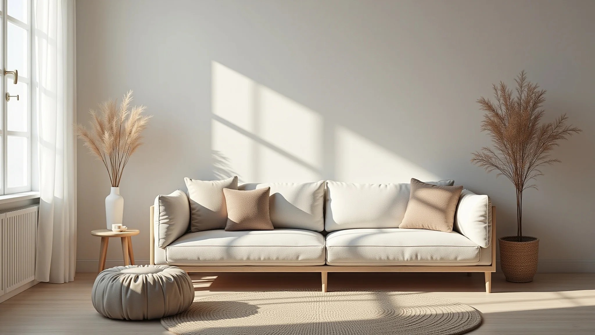 Sala de estar escandinava, minimalista, aconchegante, com luz natural e toques brasileiros.
