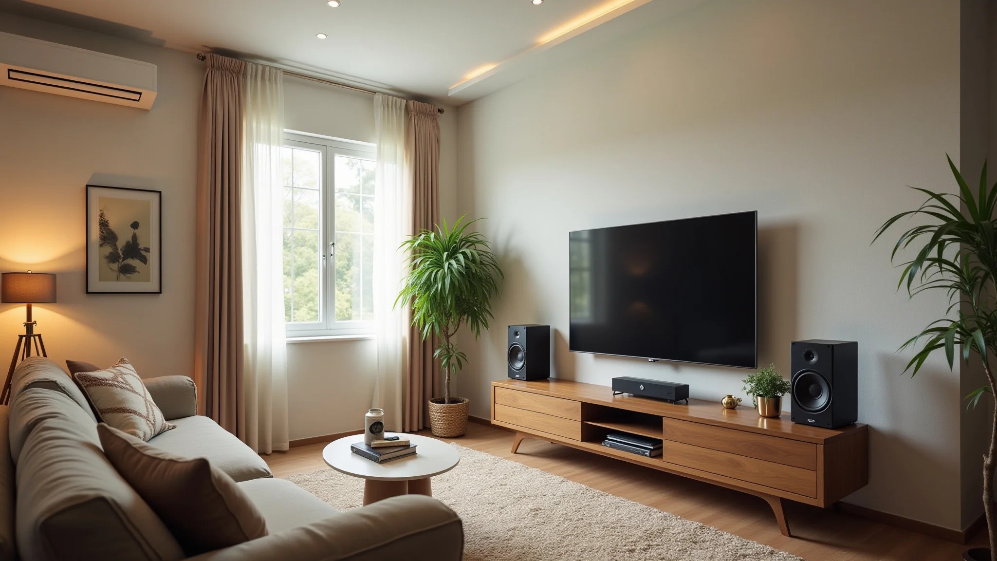 Sala de estar com home theater compacto, sofá confortável e TV 4K.