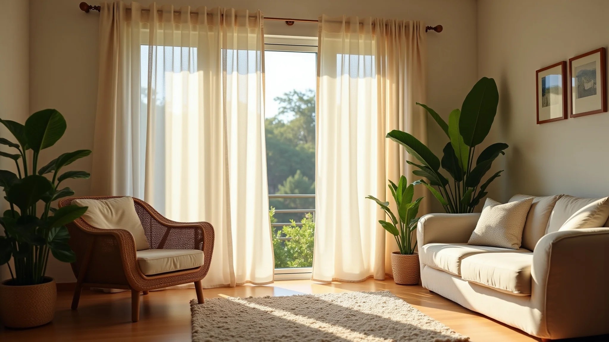 Sala de estar iluminada com cortinas de linho translúcidas, design brasileiro e plantas.