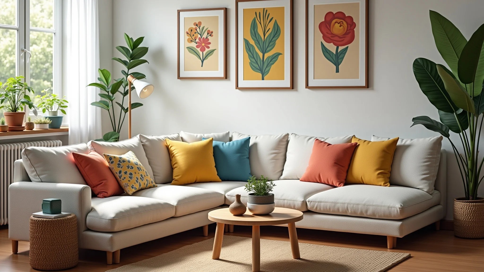 Sala de estar iluminada com sofá de canto, design brasileiro, almofadas coloridas e plantas.