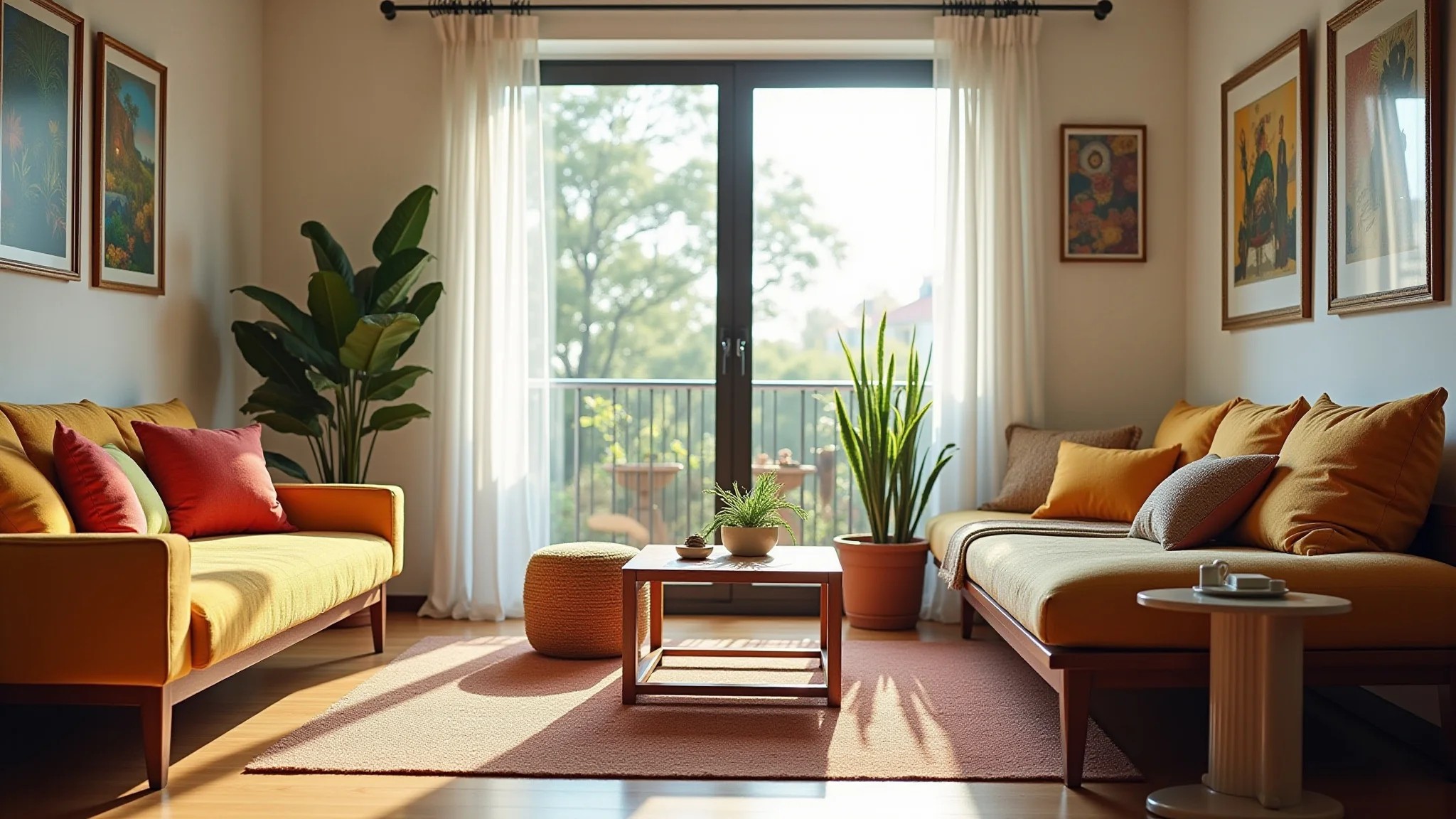 Sala de estar pequena e bem decorada em apartamento, estilo brasileiro, com almofadas coloridas e plantas.