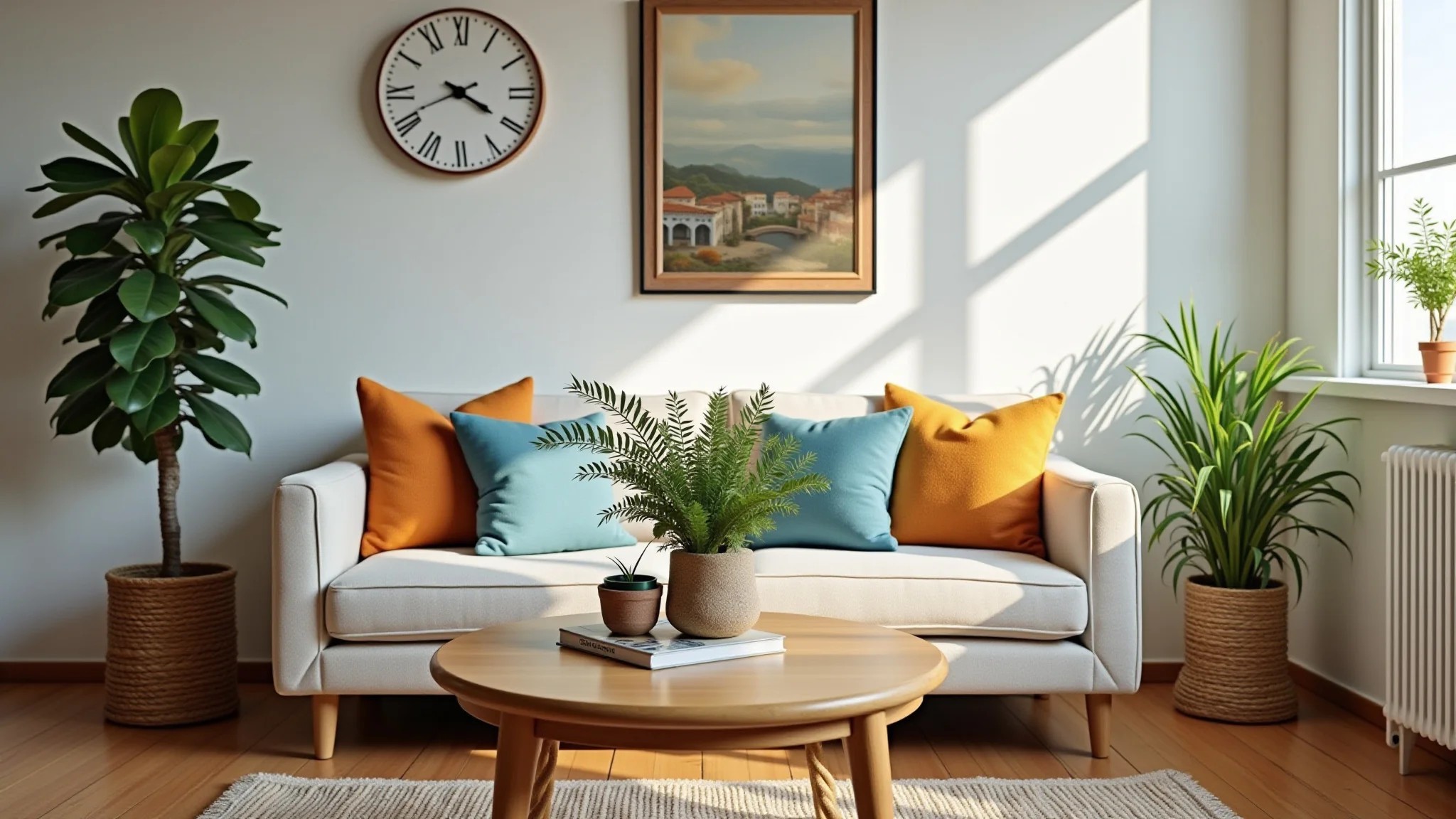 Mesa de centro redonda em sala pequena, estilo brasileiro, com plantas e almofadas coloridas.