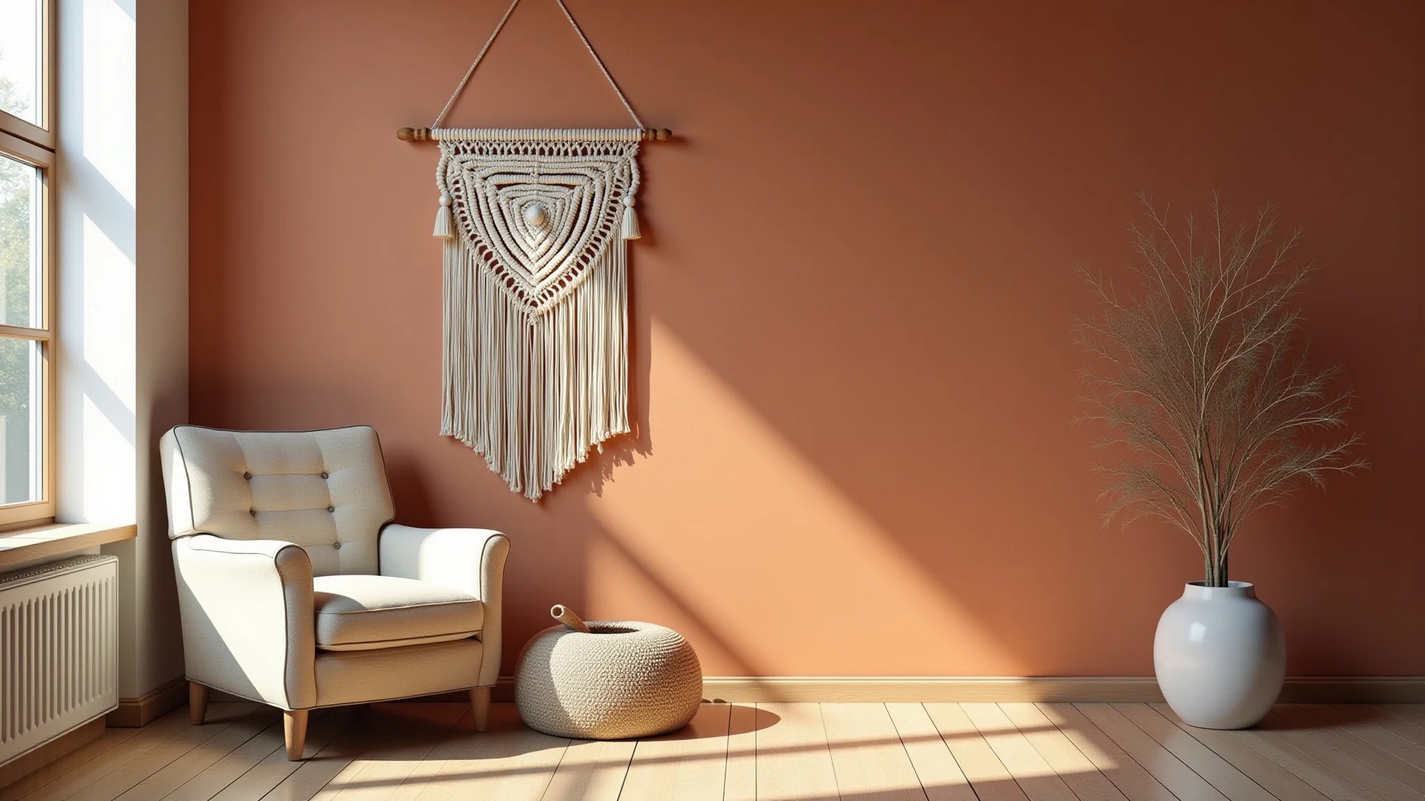 Sala iluminada com paredes de terracota, poltrona bege e decoração de macramê.