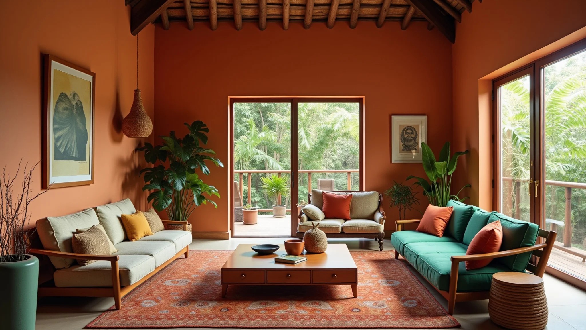 Sala de estar com paredes em terracota, móveis de madeira e detalhes em verde, estilo brasileiro.