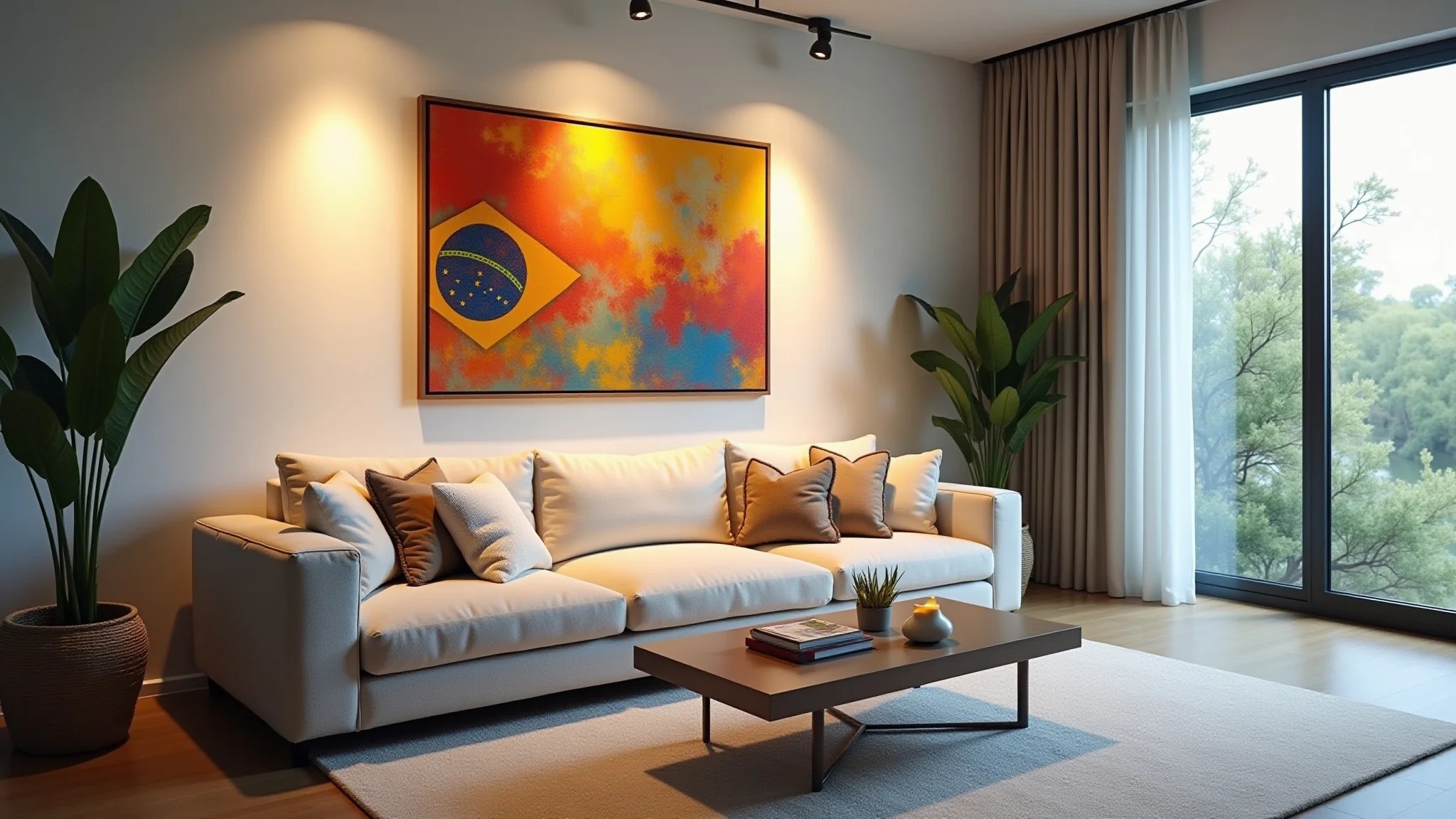 Sala iluminada com trilhos, destacando sofá moderno e arte brasileira vibrante.