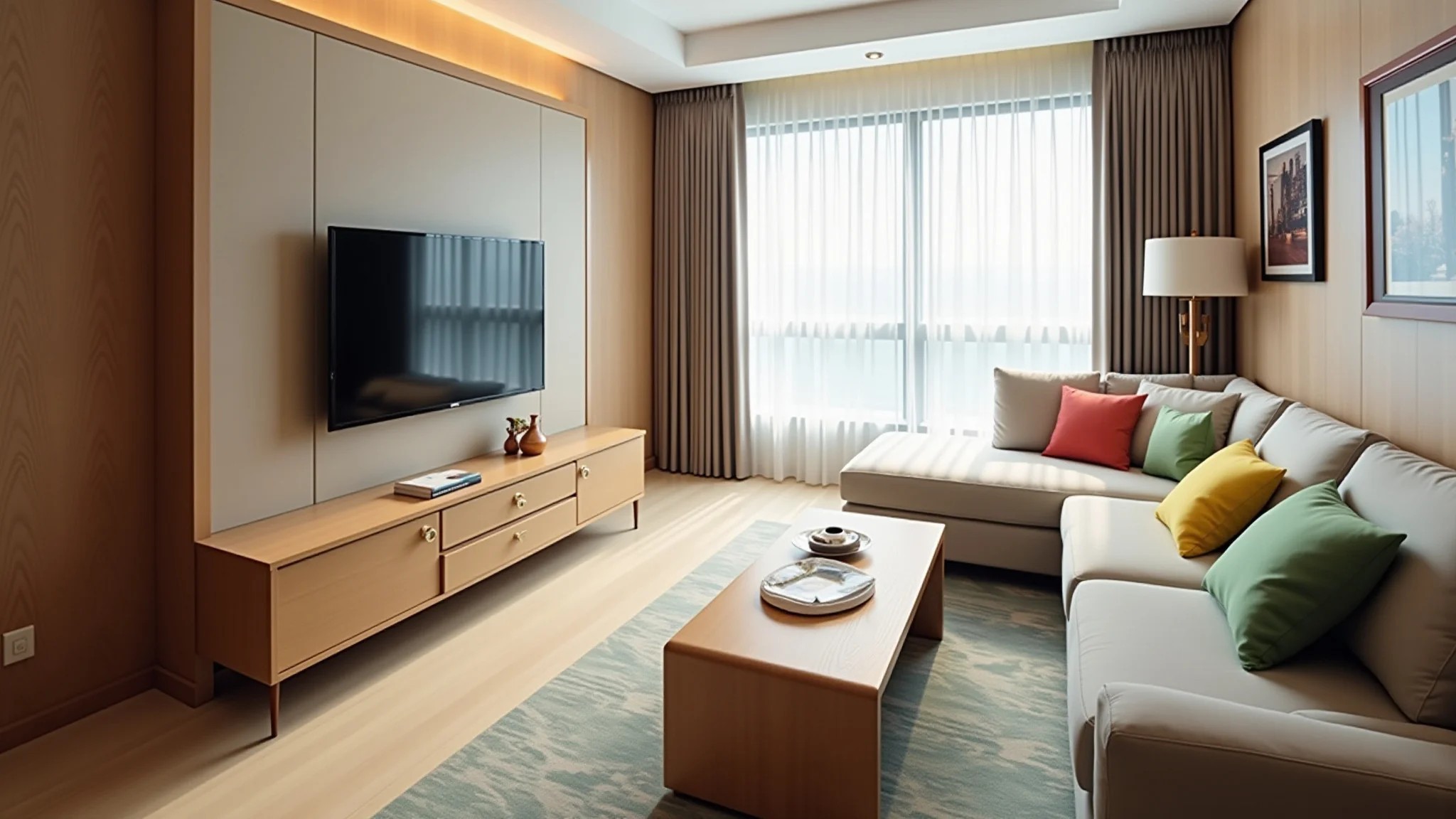 Sala de estar iluminada com área de TV, design moderno e almofadas coloridas.