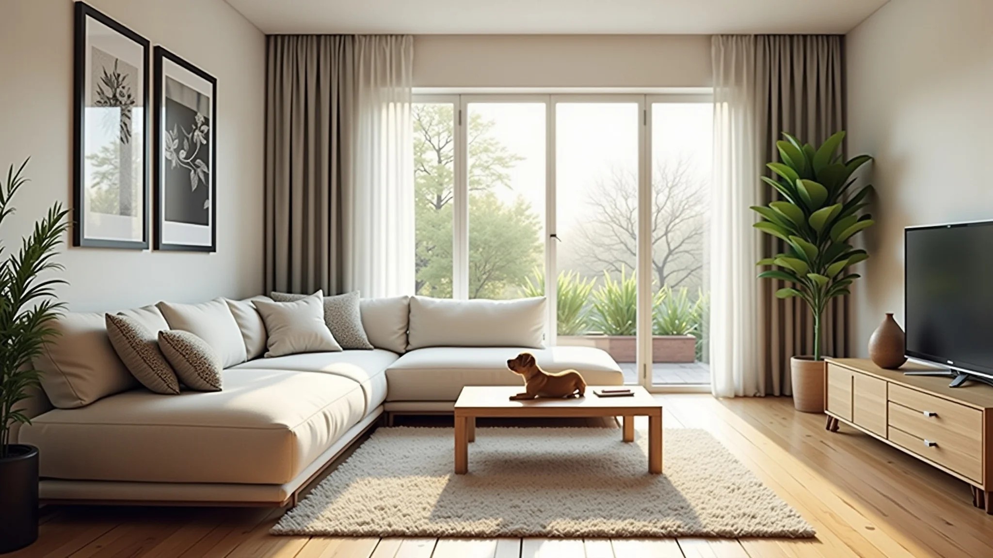 Sala iluminada com papel de parede vinílico fácil de limpar, ideal para pets.