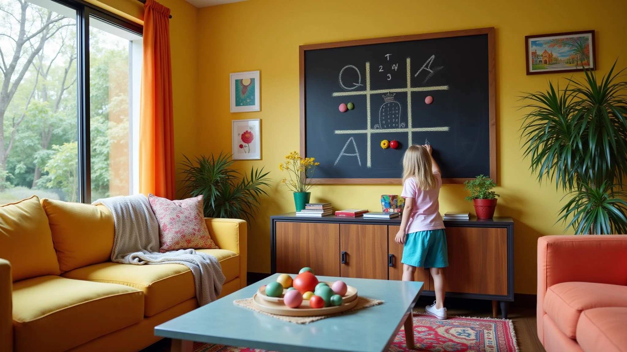 Sala iluminada com parede lousa para jogos em família.