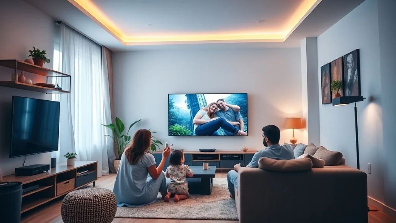 Sala de estar moderna com rack e painel para TV, família brasileira assistindo filme.