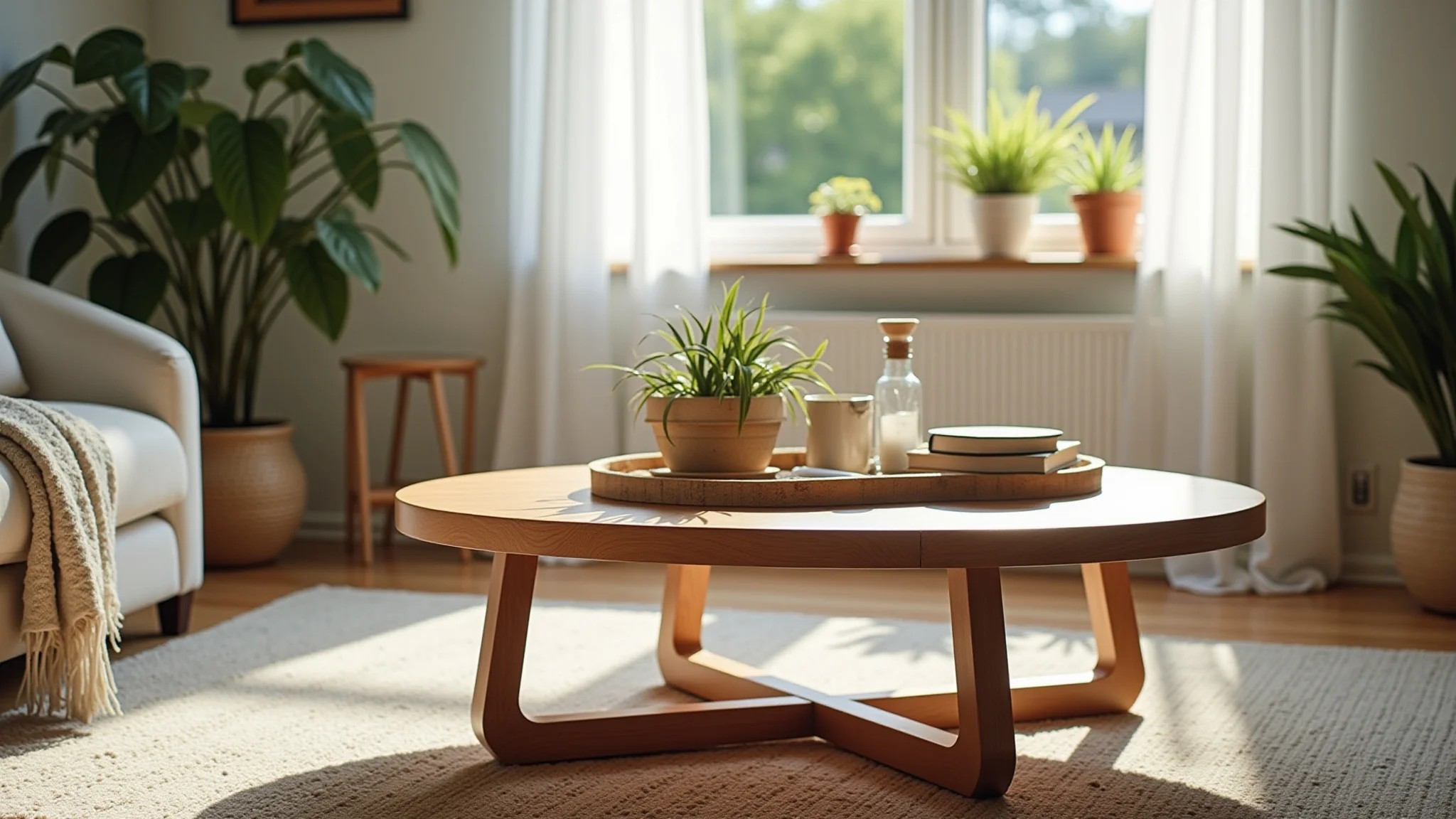 Sala de estar iluminada com mesa de centro estilosa, design brasileiro e plantas.