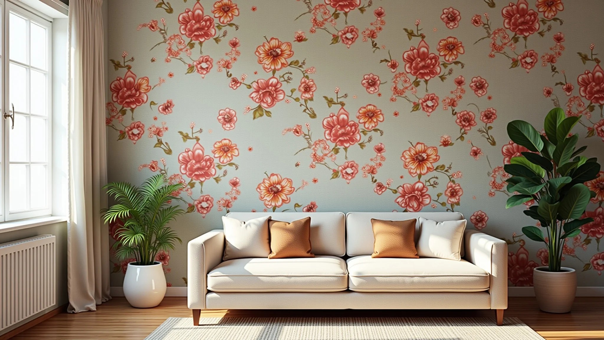 Sala de estar iluminada com papel de parede floral vibrante e sofá confortável.