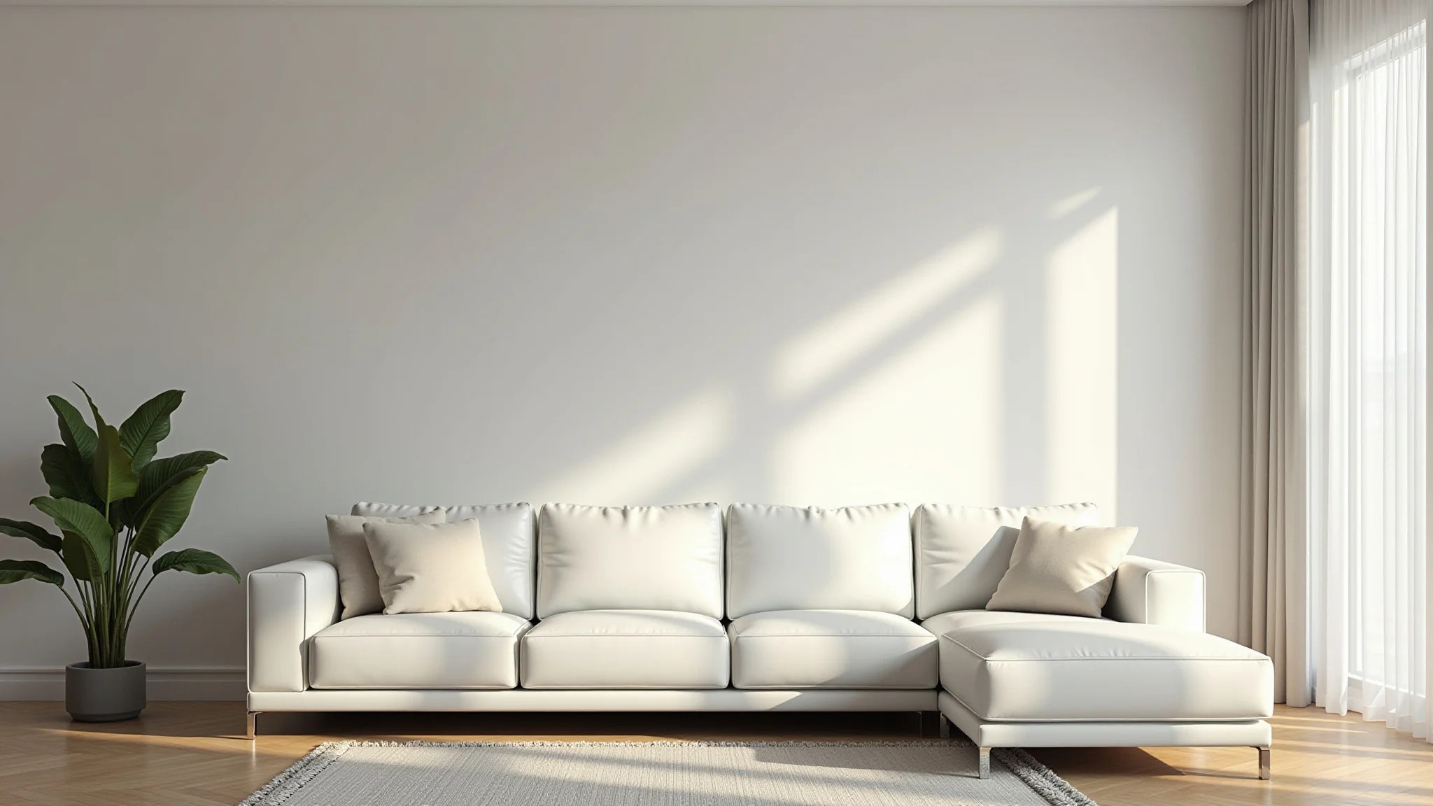 Sala iluminada com sofá de couro branco, decoração minimalista e elementos de design brasileiro.