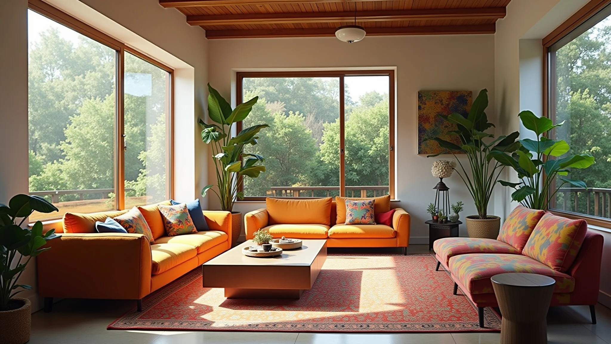 Sala de estar iluminada com pé direito duplo, design brasileiro, móveis coloridos e plantas.