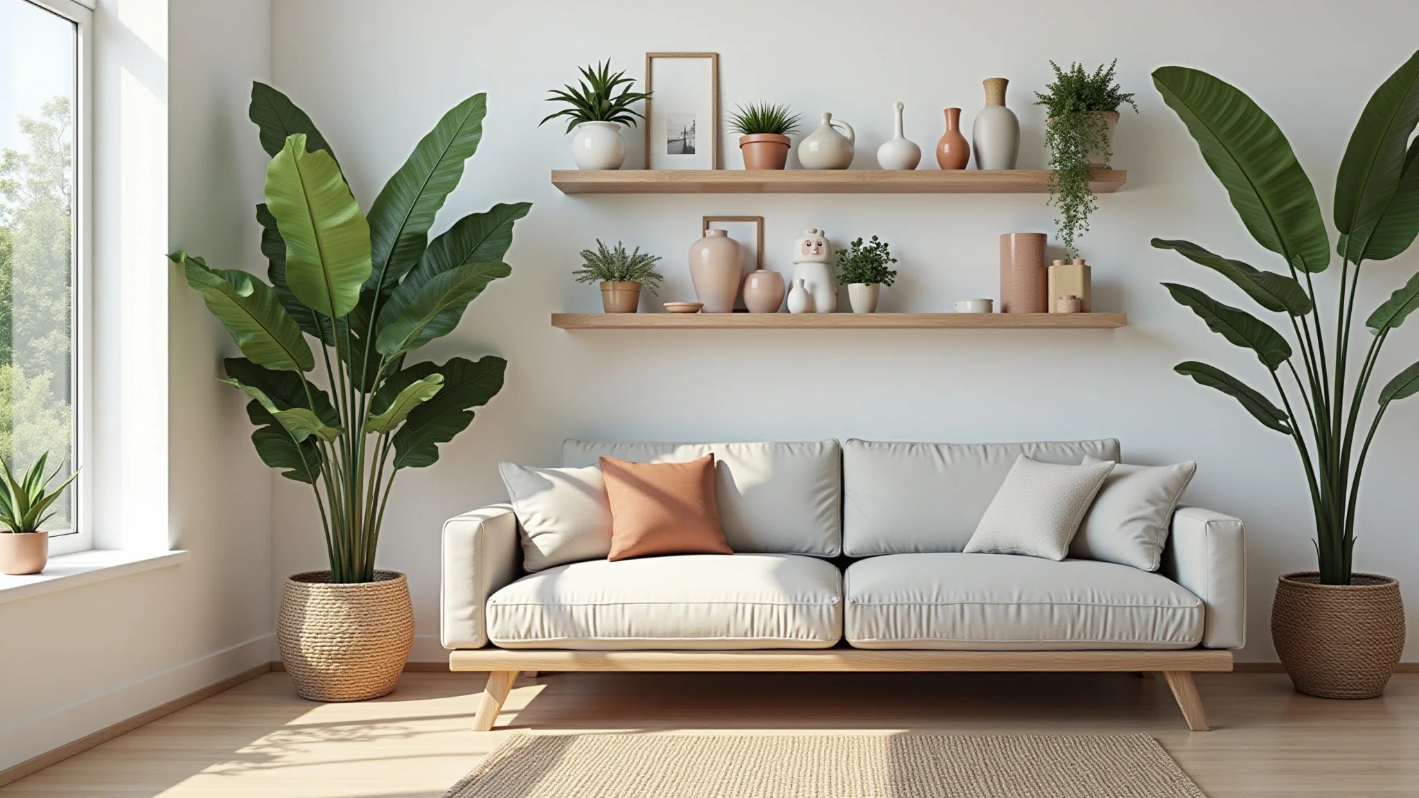 Sala iluminada com plantas, vasos e objetos decorativos nas prateleiras.