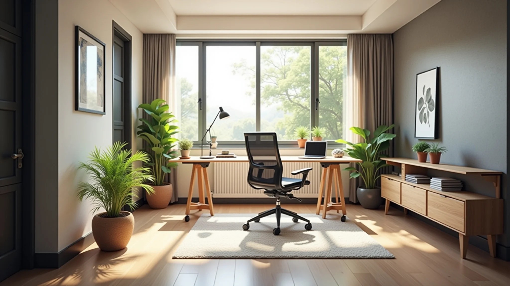Sala de estar clara com home office integrado, design brasileiro, cadeira ergonômica e plantas.