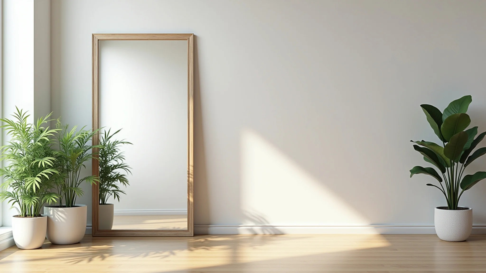 Sala iluminada com espelho grande, plantas, paredes brancas e piso de madeira.