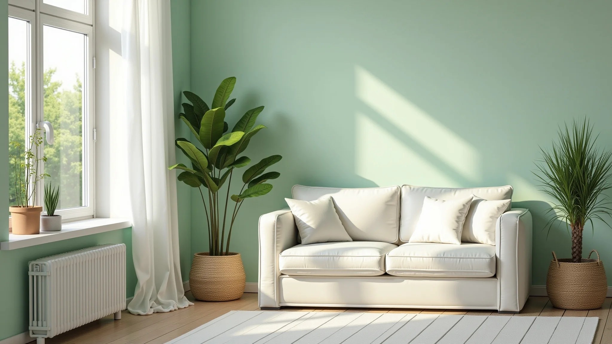 Sala de estar clara com paredes verde claro, móveis brancos e plantas em cestos.