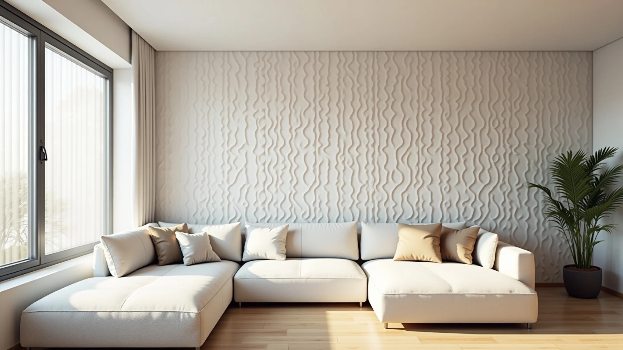 Sala iluminada com papel de parede 3D claro e decoração minimalista.