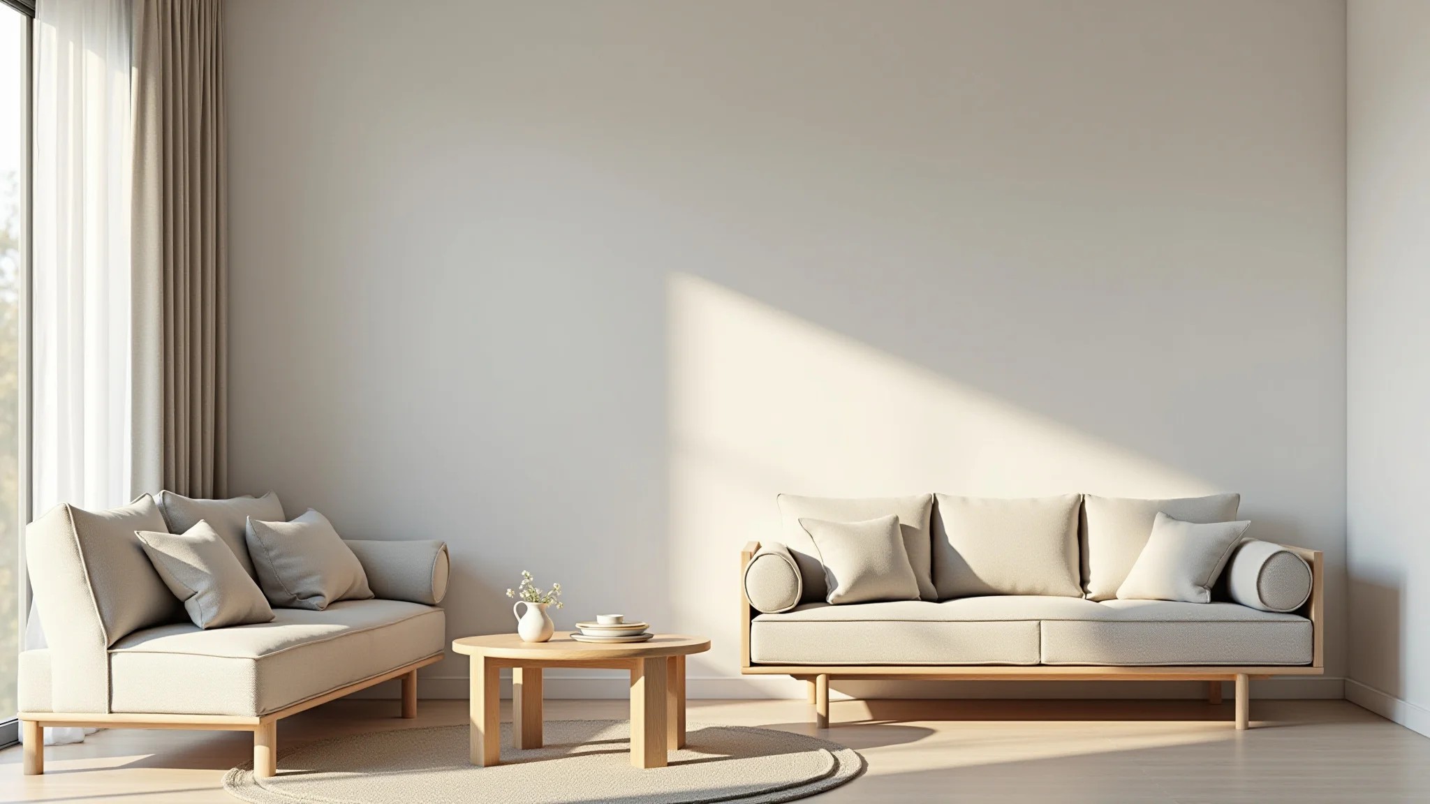Sala de estar clara com tons neutros e estilo minimalista.