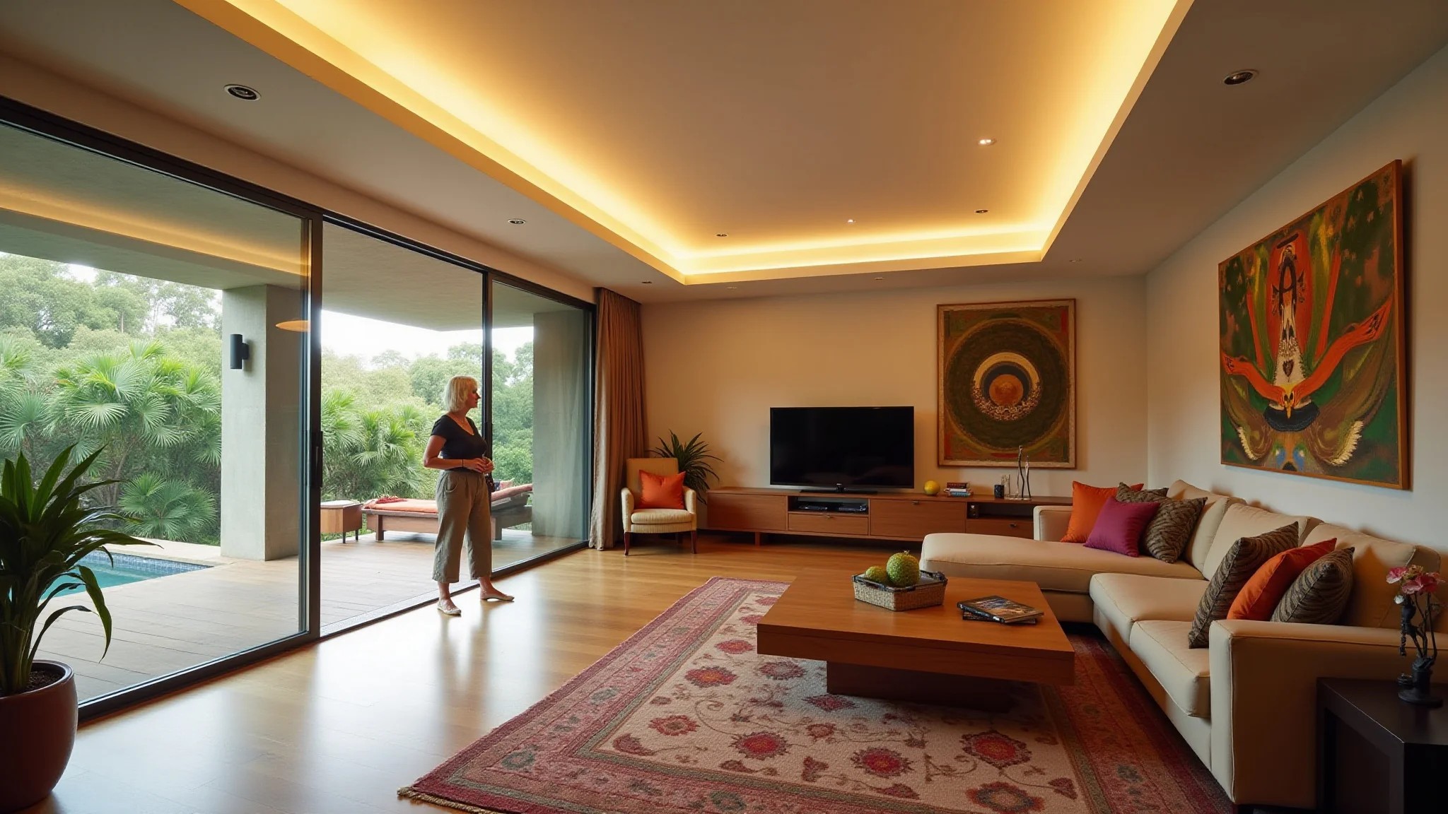 Sala iluminada com sanca aberta, luz indireta e decoração brasileira vibrante.