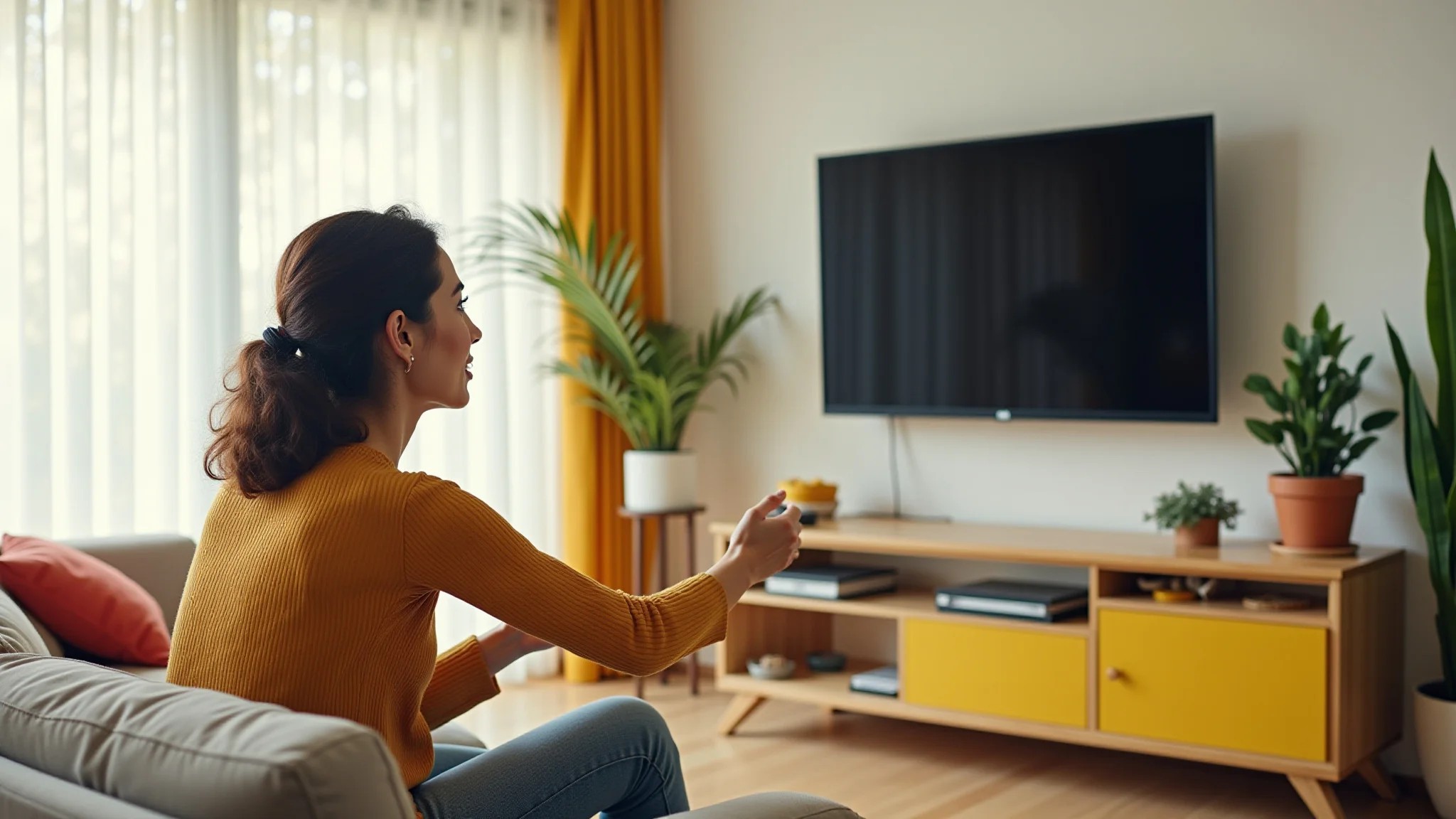 Mulher ajustando TV na parede da sala, sofá confortável, decoração brasileira vibrante.