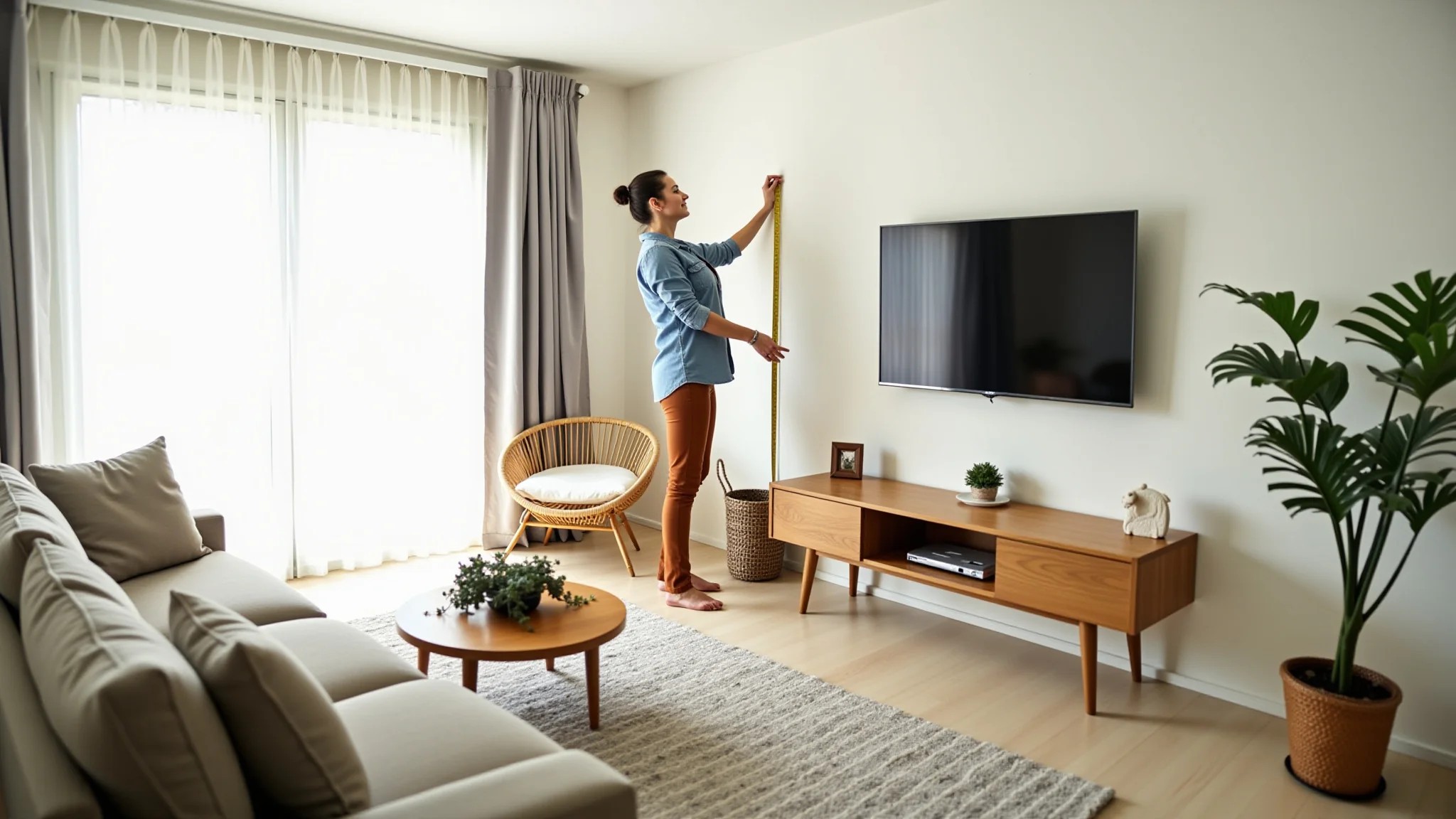 Mulher medindo a distância do sofá à parede para calcular o tamanho ideal da TV na sala.