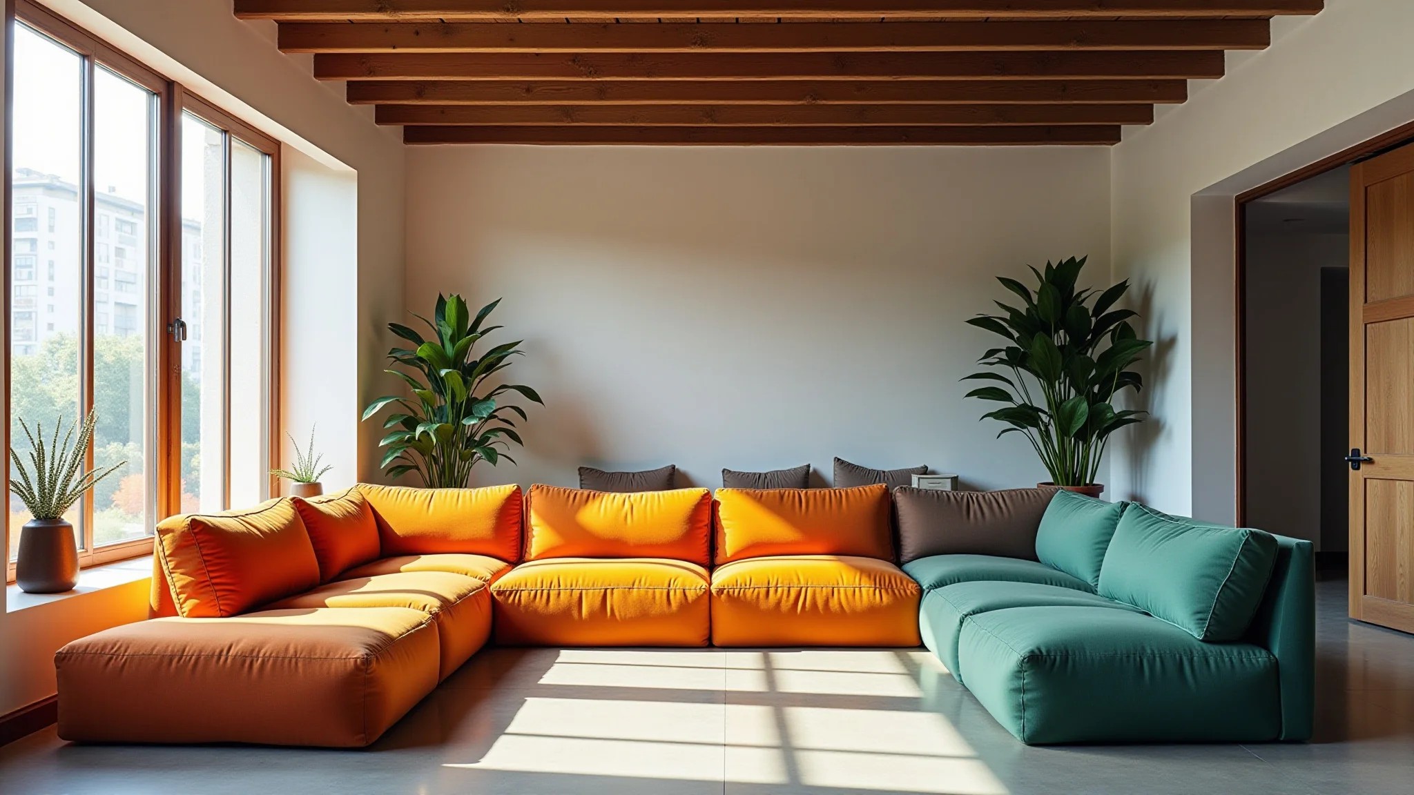 Loft iluminado com sofá modular colorido, design brasileiro e luz natural.