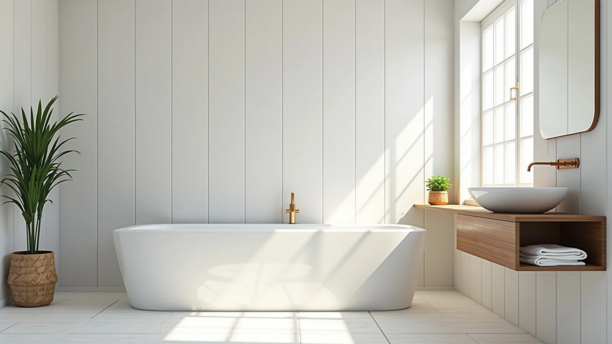 Banheiro minimalista com azulejos brancos, detalhes em madeira e uma planta verde.