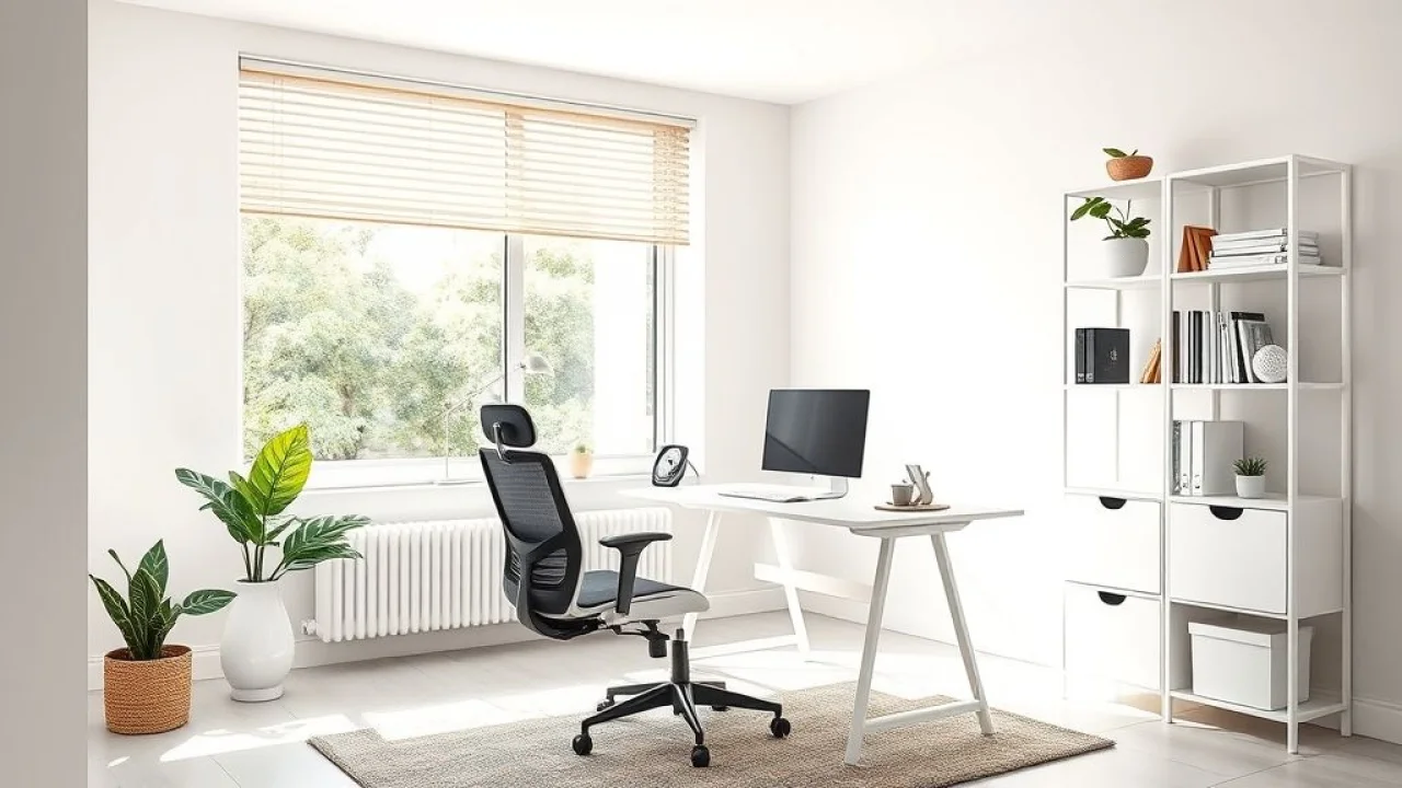 Escritório minimalista com mesa limpa, cadeira ergonômica e prateleiras organizadas no Brasil.