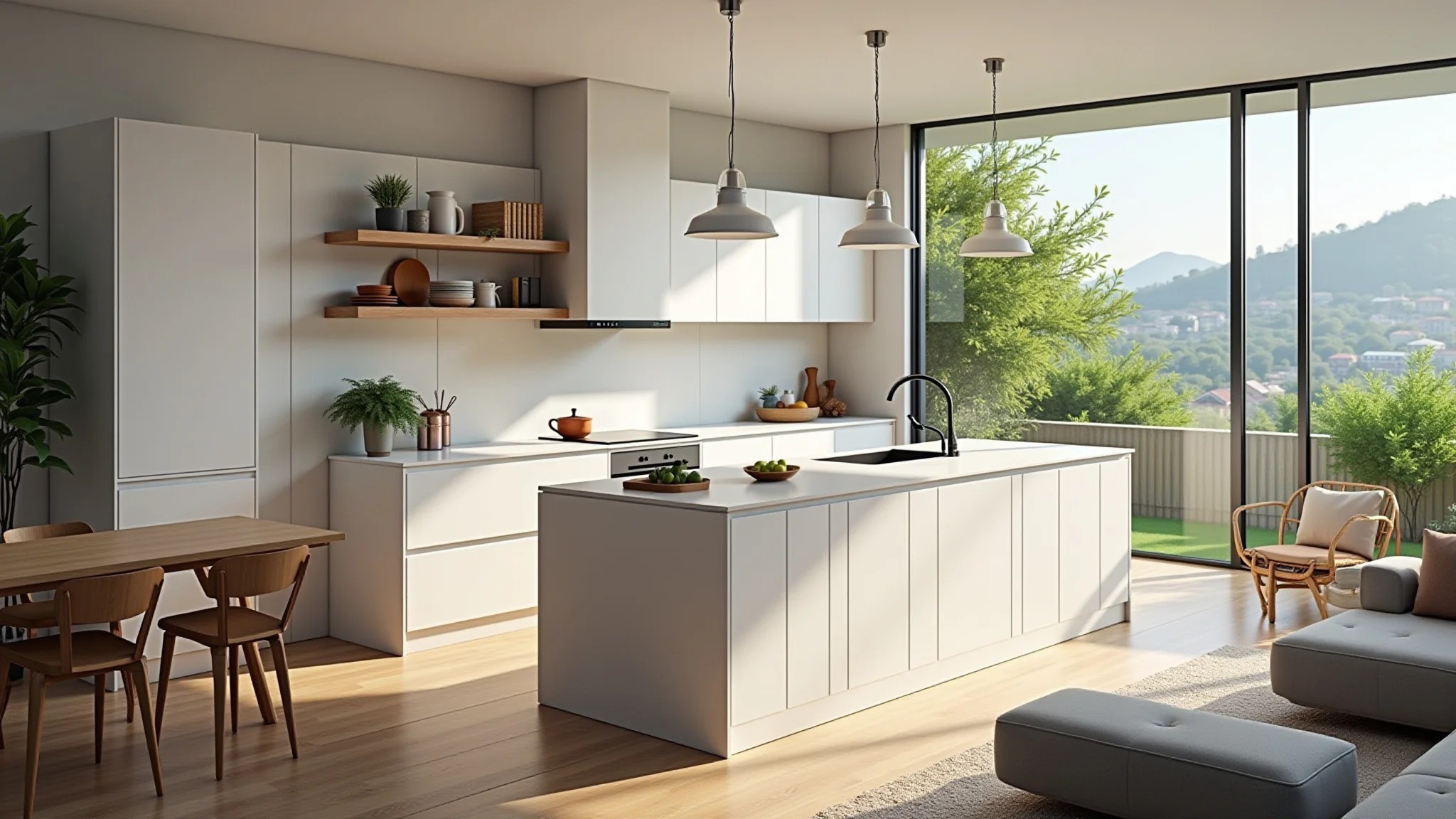 Cozinha americana integrada à sala, decoração vibrante e moderna, iluminação natural.