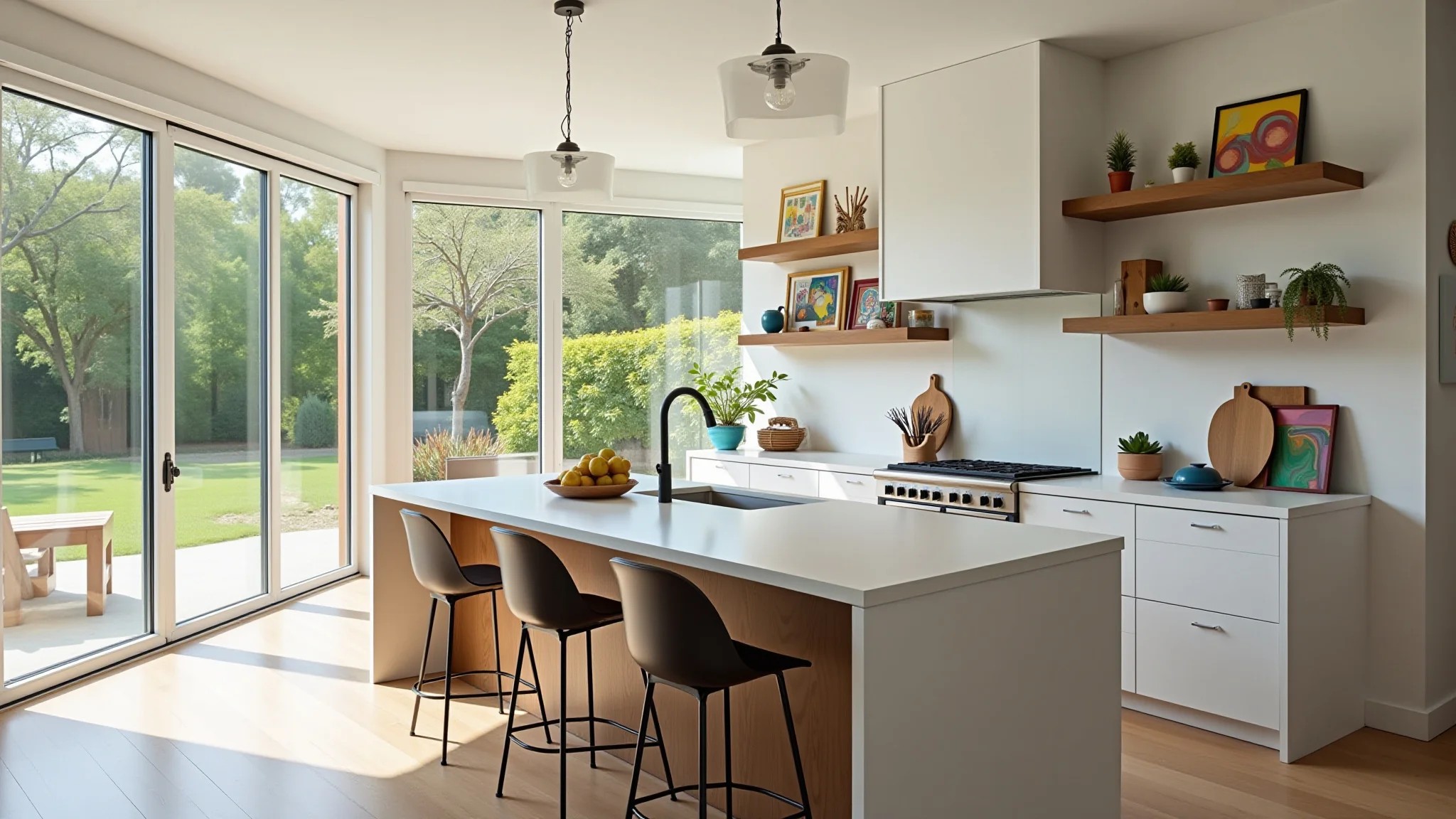 Cozinha americana moderna com ilha central, prateleiras abertas e decoração brasileira colorida.