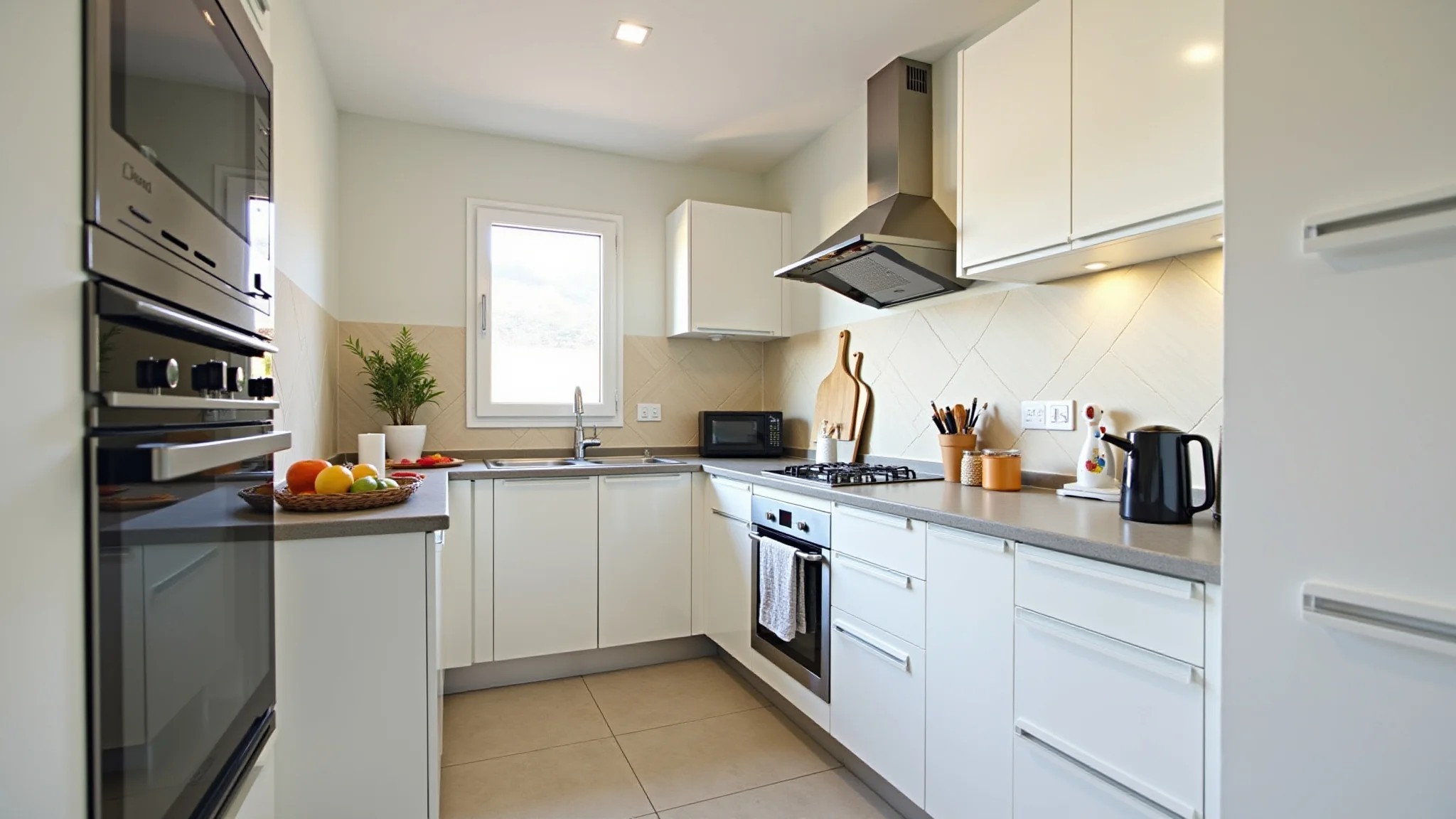 Cozinha de apartamento moderna e reformada com armários e bancadas novas.