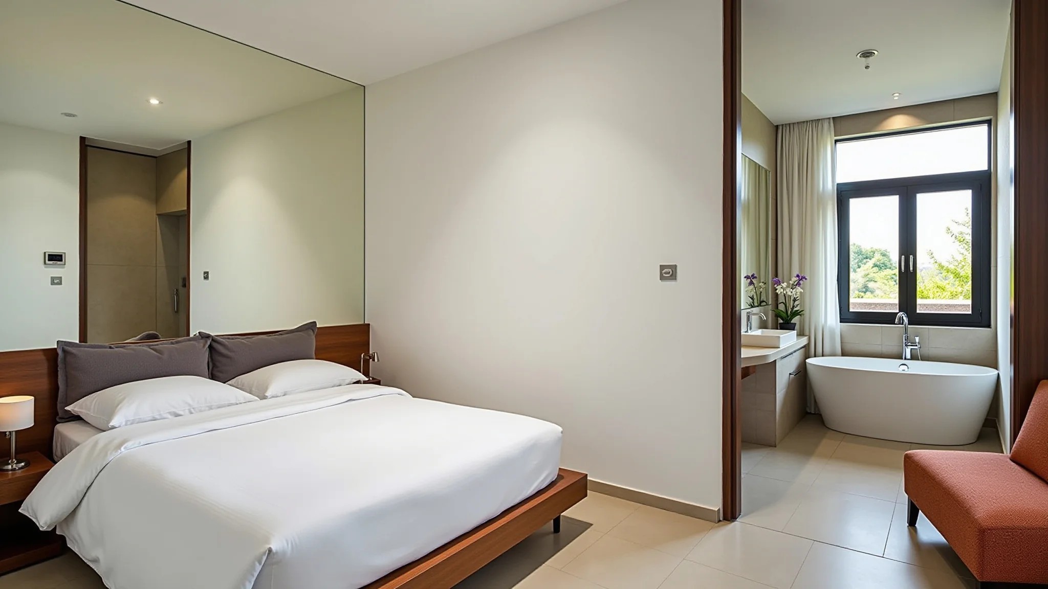 Quarto moderno integrado a um banheiro elegante, com luz natural e design brasileiro.